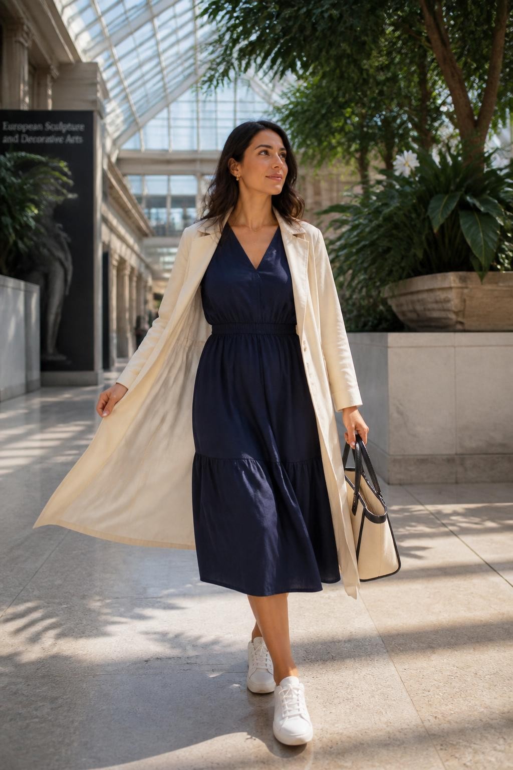 Image prompt: A bright DSLR photo of an adult woman with olive skin standing in a museum glass atrium, wearing a navy midi dress, white sneakers, and a long cream coat, gently swinging the coat open with one hand while stepping forward, other hand holding a small tote bag, head turned toward the light, glass ceiling above, tall plants in large stone planters, museum signage softly blurred, sunlight patterns on the floor, realistic coat movement, clean modern travel photography, stylish but natural museum-day mood.
