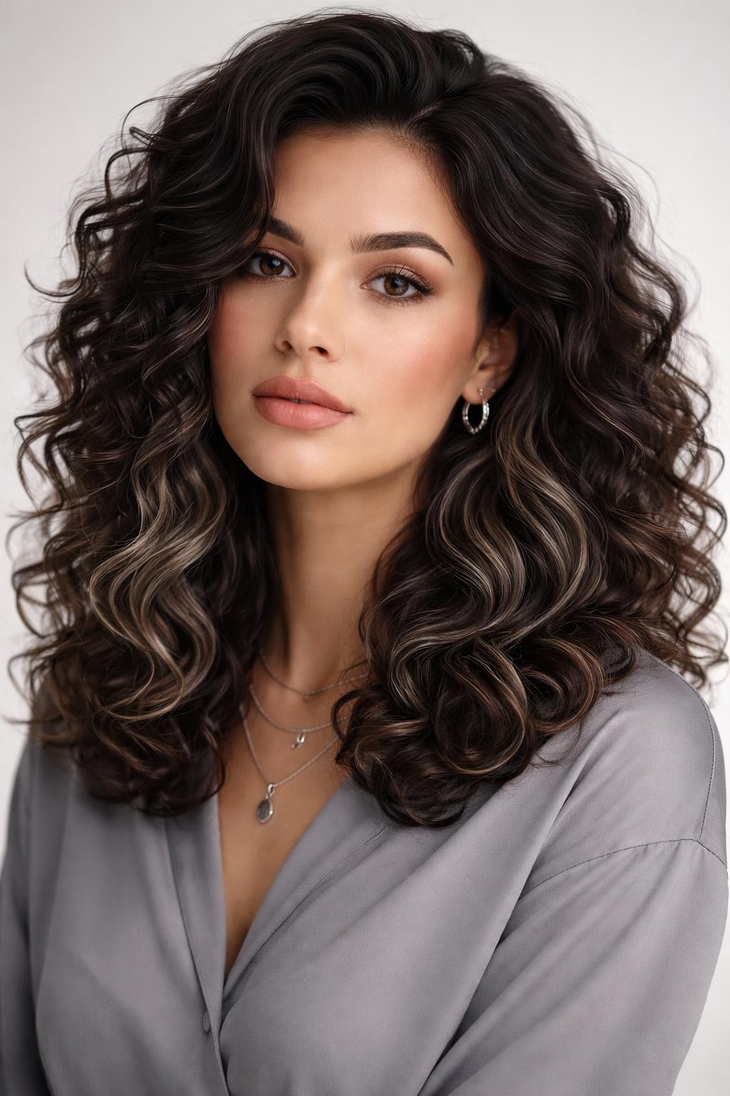 Image Prompt: A beautiful woman with medium-length curly hair, dark brunette top layer with ash brown peekaboo color underneath, soft defined curls with natural volume, cool-toned ash brown sections visible through the lower curls and around the back, neutral skin tone, soft matte makeup, nude lips, silver jewelry, gray blouse, clean studio background, soft balanced lighting, realistic DSLR beauty portrait, detailed curl texture and cool brown contrast, no text, (no watermarks on images)