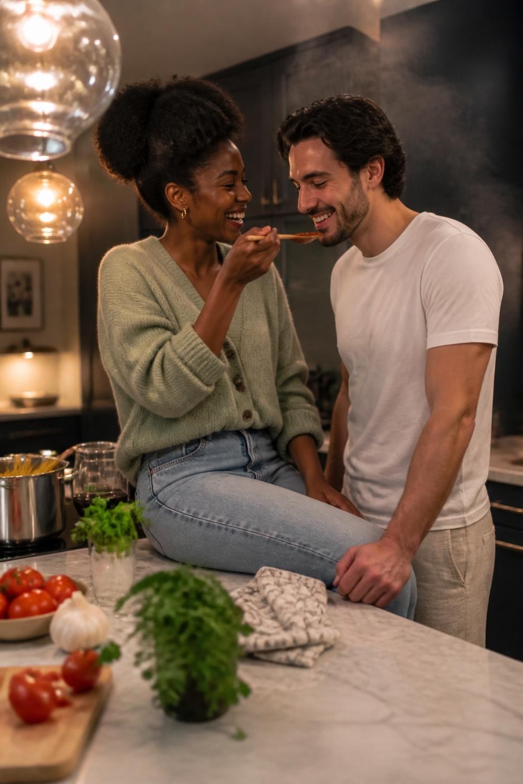 Image prompt: A warm lifestyle photo of an adult couple in a modern home kitchen, featuring a Black woman with rich dark skin wearing a soft sage cardigan and relaxed jeans, sitting on the edge of a marble kitchen counter while her partner stands close in a white T-shirt and linen pants, she is holding a wooden spoon with a small taste of sauce toward him, both laughing naturally, his hand resting lightly on the counter beside her knee, fresh herbs, pasta pot, tomatoes, folded dish towel, warm pendant lights, slight steam in the background, realistic kitchen mess, natural skin texture, DSLR home couple photography, cozy date-night cooking mood.