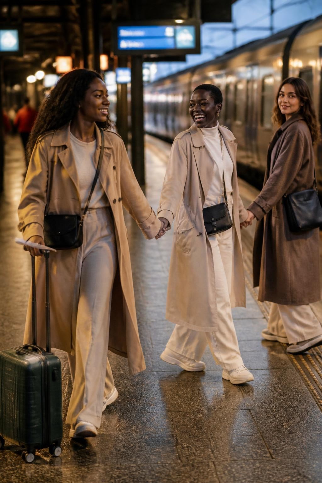 Image prompt: A cinematic DSLR travel photo of three adult women friends on a quiet train platform, including two Black women with rich dark and deep brown skin tones and one woman with fair skin, wearing layered travel outfits with trench coats, wide-leg trousers, sneakers, and crossbody bags, walking in a loose hand chain beside a small rolling suitcase, the first friend leading and looking forward, the second laughing while holding her hand, the third looking back toward the camera, station lights, train doors softly blurred, ticket in one hand, realistic coat movement, polished trip photography, natural candid mood.