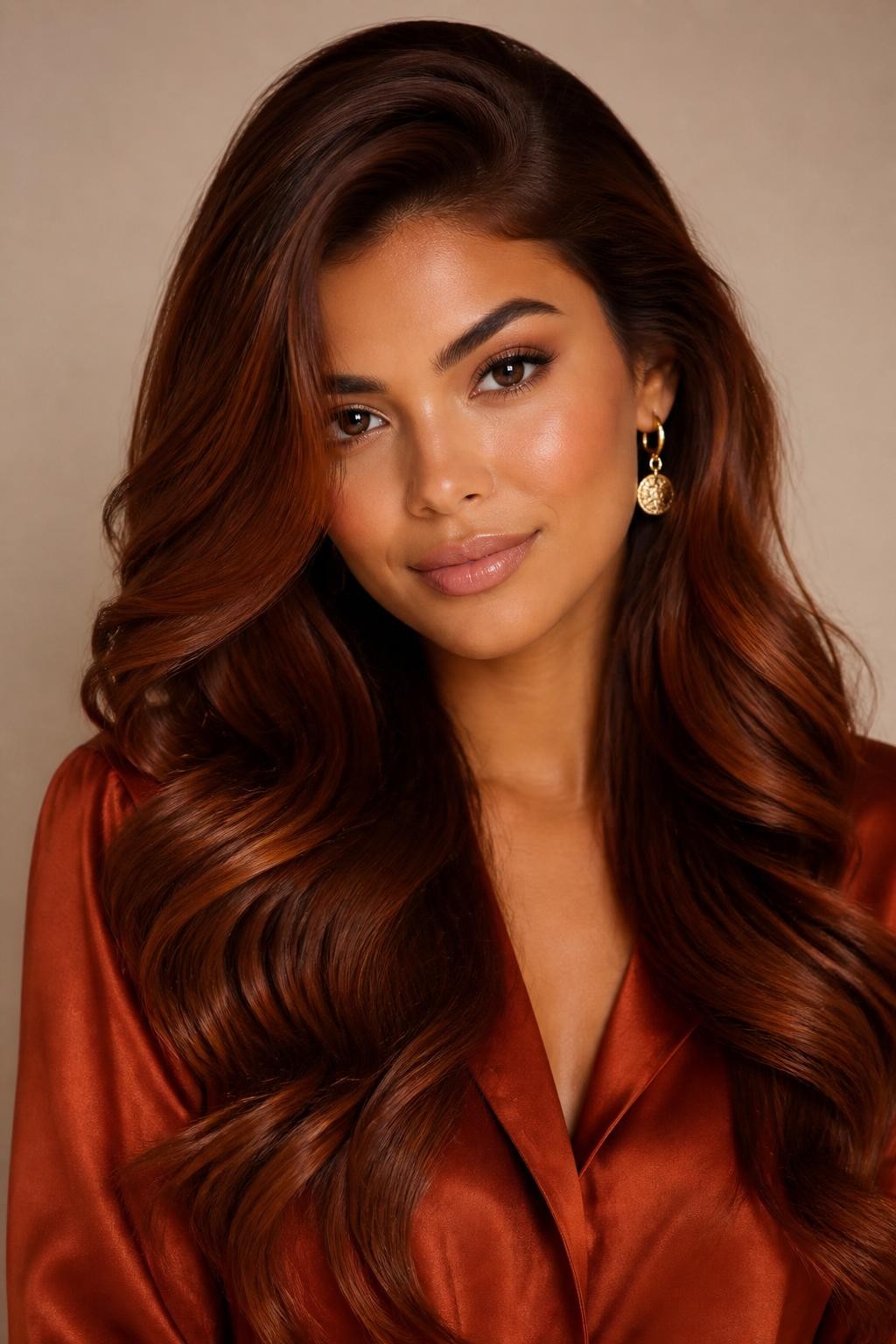 Image Prompt: A beautiful woman with brown eyes and long auburn brown waves, rich red-brown shade with soft copper undertones, deep side part, loose polished curls, warm medium skin tone, soft glam makeup, glossy nude lips, gold earrings, rust satin blouse, clean studio background, warm diffused lighting, realistic beauty portrait, detailed auburn brown shine and wave texture, no text, (no watermarks on images)