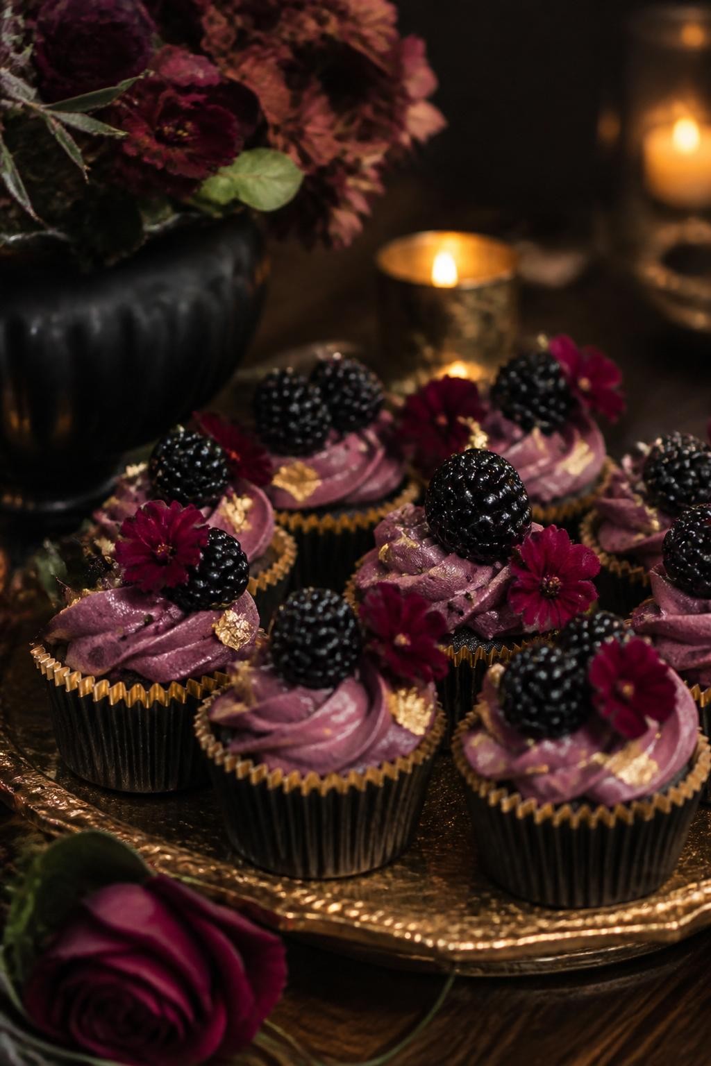Realistic DSLR photo of dark chocolate wedding cupcakes in black and gold liners, topped with blackberry buttercream, fresh blackberries, tiny burgundy edible flowers, dark wood dessert table, antique gold tray, moody candlelight, romantic fall reception styling.