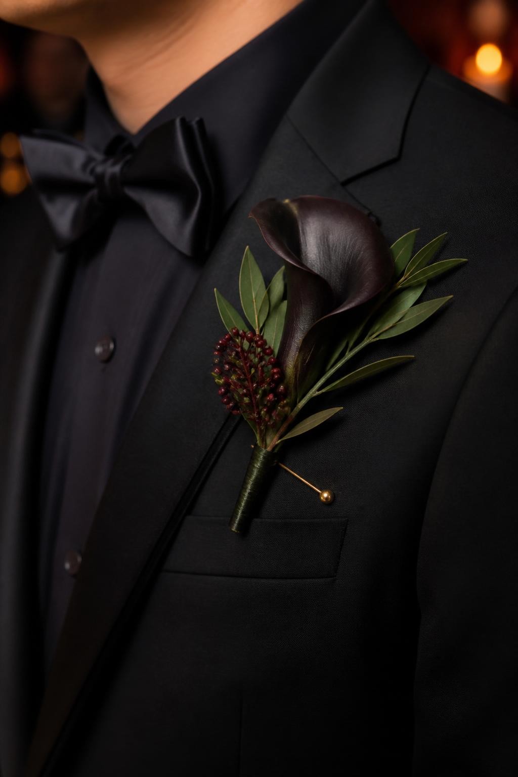 Realistic DSLR macro photo of a sleek fall wedding boutonniere with one black calla lily, dark olive leaves, tiny burgundy berries, gold boutonniere pin, pinned to a black tuxedo lapel, dramatic candlelit indoor wedding background, face cropped out.