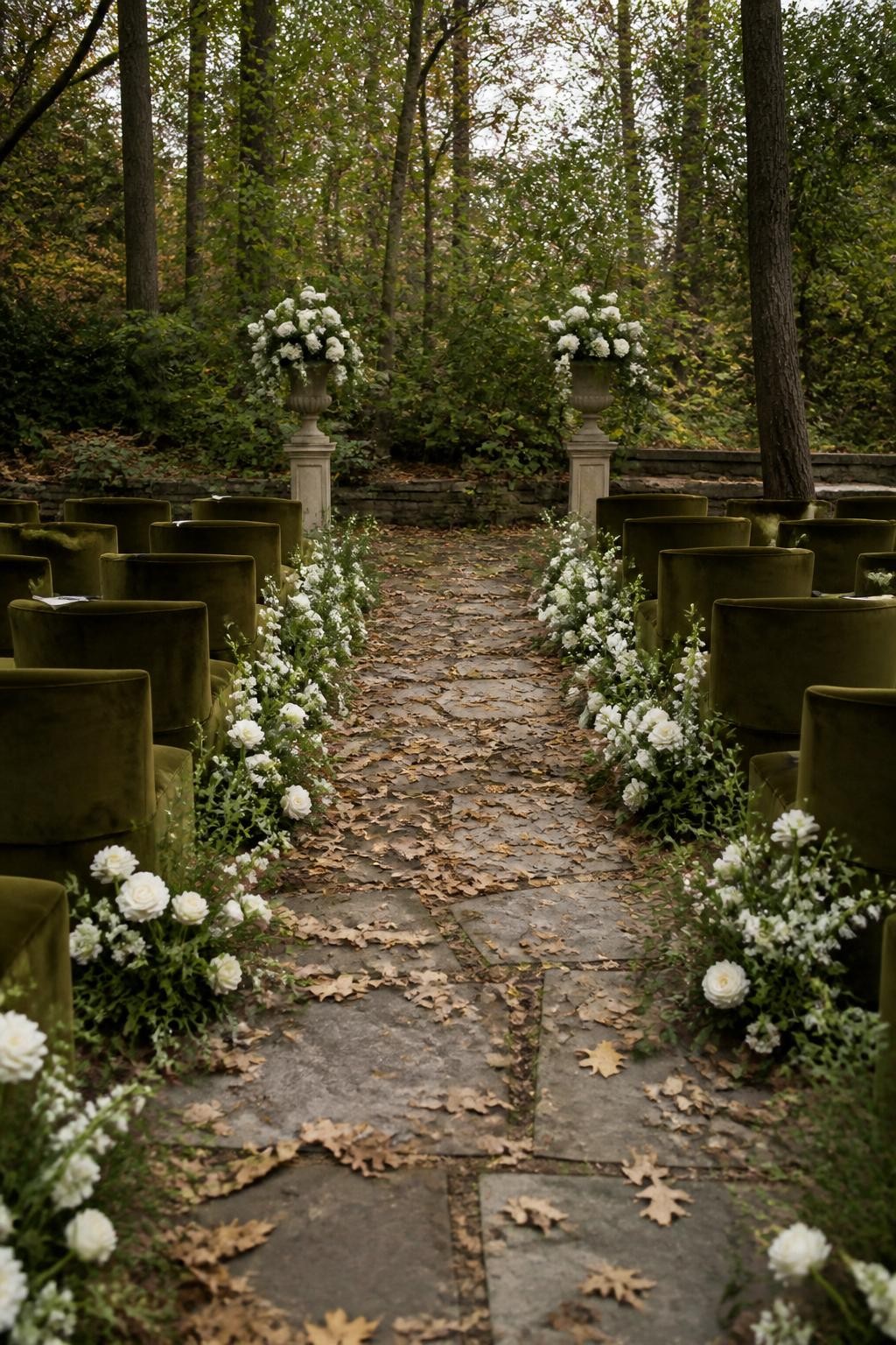 Realistic DSLR photo of an outdoor fall ceremony in a wooded garden, moss green velvet chairs, mushroom taupe aisle fabric, porcelain white flowers, black olive ribbon tied around ceremony programs, fallen leaves on stone pathway, soft cloudy light, calm natural wedding setting.