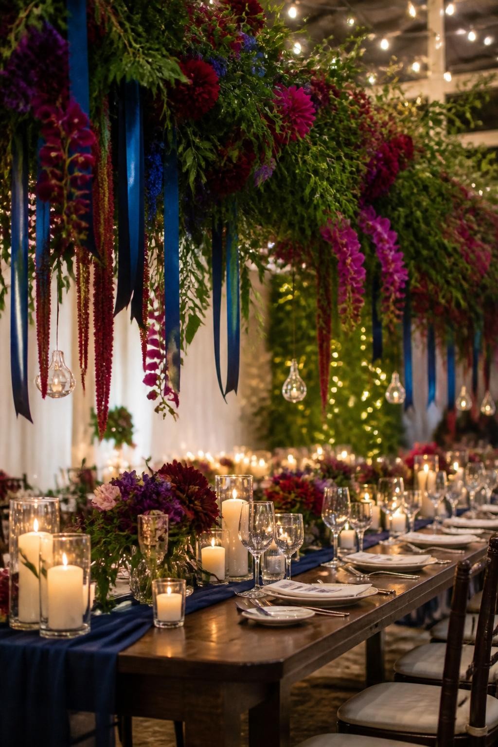 Realistic DSLR photo of a fall wedding reception with a hanging floral installation above long dinner tables, ruby dahlias, amethyst orchids, emerald greenery, sapphire blue ribbon strands, burgundy roses, warm string lights, cream candles below, candlelit indoor wedding atmosphere.