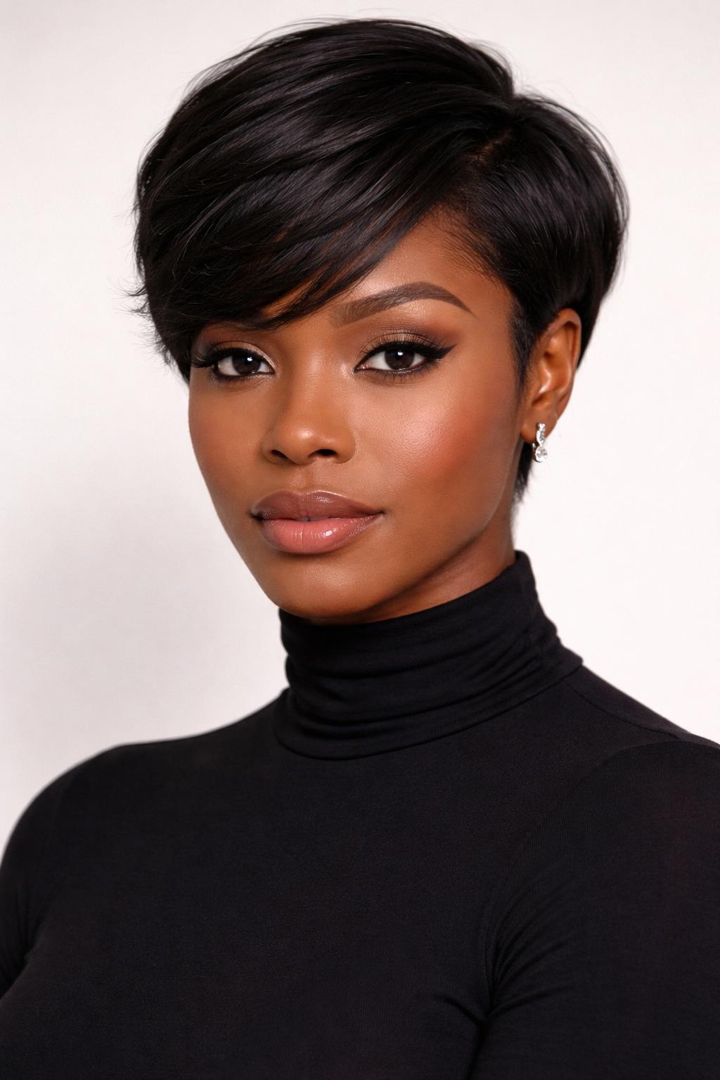 A realistic editorial portrait of a black woman with a soft side-parted pixie cut, short textured layers swept gently across the forehead, rich dark hair, subtle shine, natural makeup, delicate earrings, black turtleneck top, clean studio background, modern beauty photography, no text, no watermark, no watermarks on images.