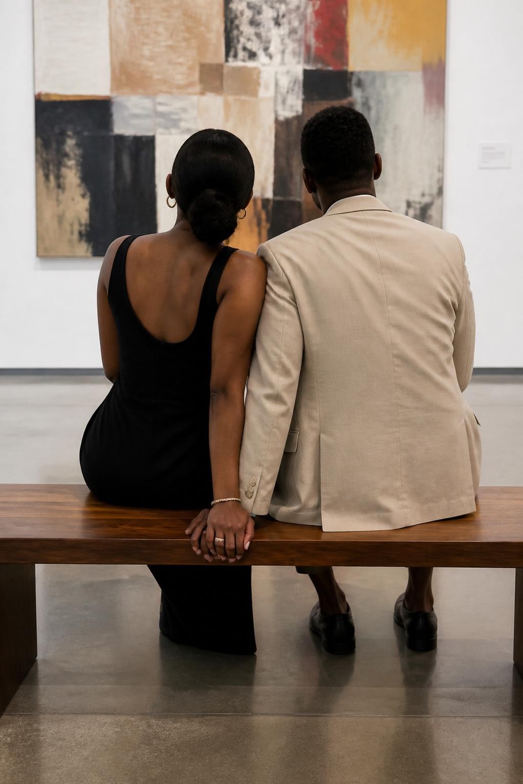 Image prompt: A refined no-face DSLR photo of an adult couple seated on a wooden museum bench, photographed from behind so their faces are not visible, featuring a Black woman with warm brown skin wearing a black sleeveless dress and low bun, sitting close to her partner in a beige blazer, their shoulders touching as they look toward a large abstract painting, her hand resting on the bench between them with his fingers lightly touching hers, polished concrete floor, white gallery walls, soft museum lighting, clean modern composition, realistic clothing texture, quiet faceless couple pose.