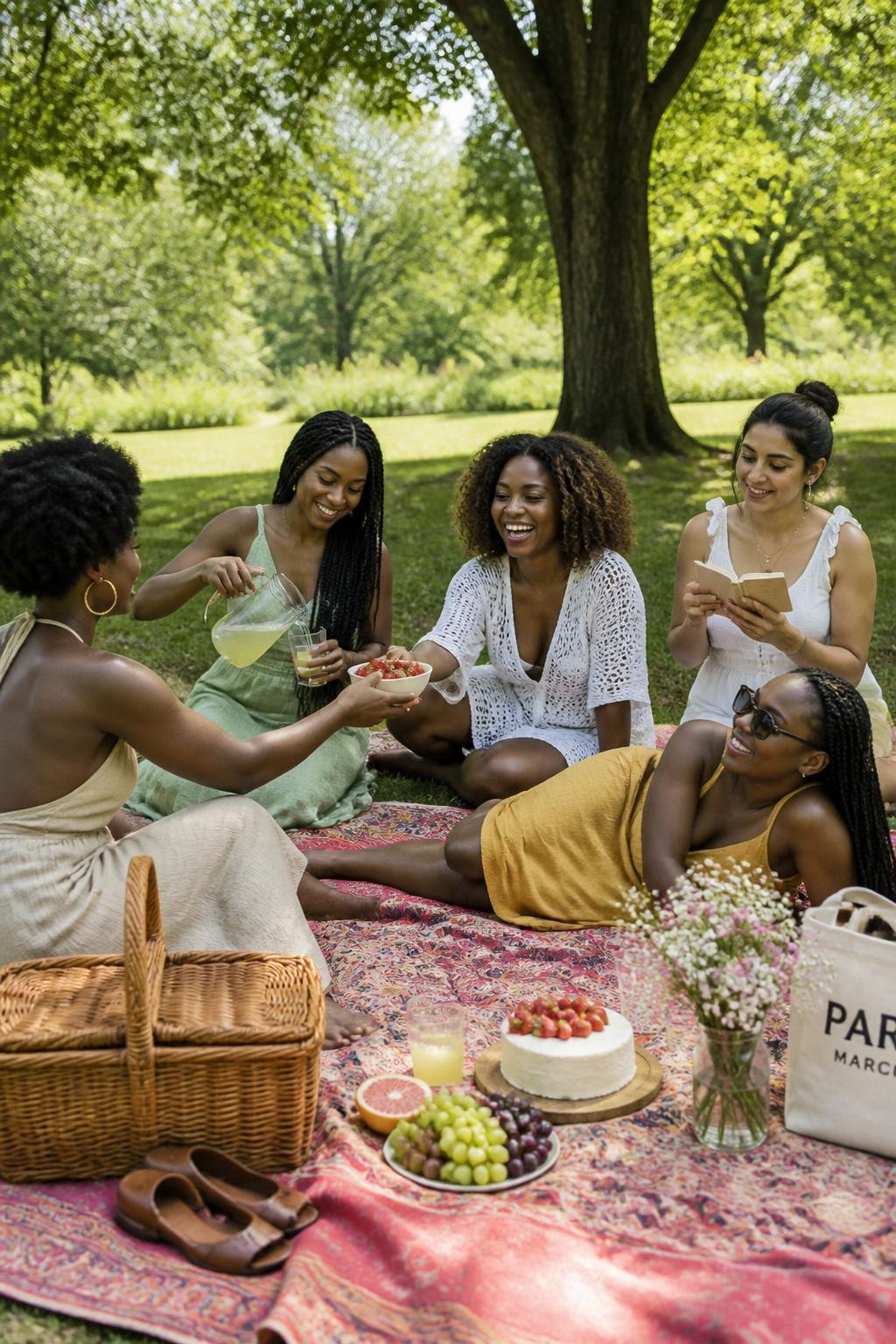 Image prompt: A bright outdoor DSLR photo of five adult women friends sitting on a large patterned picnic blanket in a park, including four Black women with deep, rich, and golden brown skin tones and one woman with olive skin, wearing breezy summer outfits, one passing a bowl of strawberries across the blanket, one reaching for it with a laugh, one pouring lemonade, one lying on her side with sunglasses, one sitting cross-legged with a book, picnic basket, fruit, small cake, flowers, sandals, tote bags, soft grass, warm daylight, realistic blanket wrinkles, candid stylish friendship picnic photography.