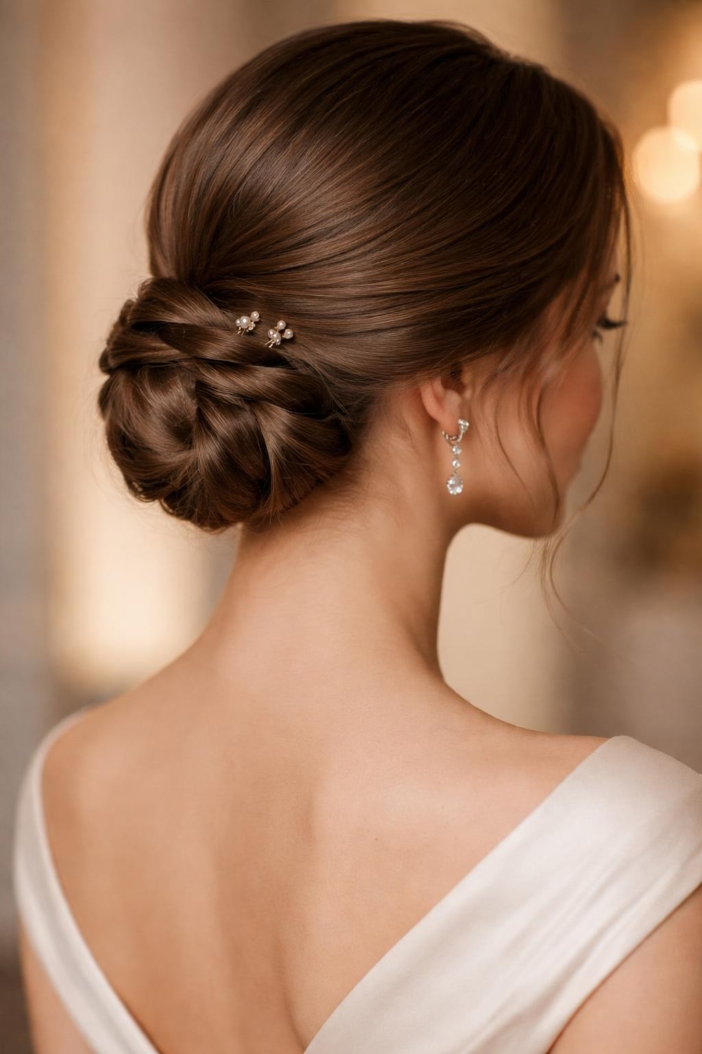 Image Prompt: A photorealistic hairstyle image showing a soft side part leading into a low braided bun, smooth roots with gentle texture, medium brown hair, braid wrapped neatly at the nape, small gold pins tucked into the bun, delicate earrings, elegant dress neckline, warm indoor background, refined editorial hairstyle photography, no text, no watermark, no watermarks on images.