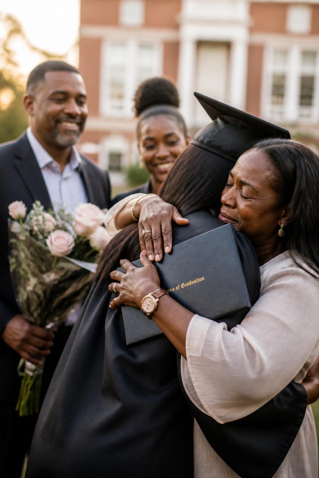 Image prompt: A tender DSLR graduation photo of a graduate in Family Flower Circle after the ceremony, featuring a Black woman graduate with rich dark skin wearing a black gown and cap, face turned away from the camera and partly hidden against her mother’s shoulder, mother’s arms wrapped tightly around her, father and sibling softly blurred behind them holding flowers, diploma folder pressed gently between their bodies, campus building in the background, warm golden-hour light, realistic fabric folds, natural skin texture, emotional family graduation photography, beautiful human moment.