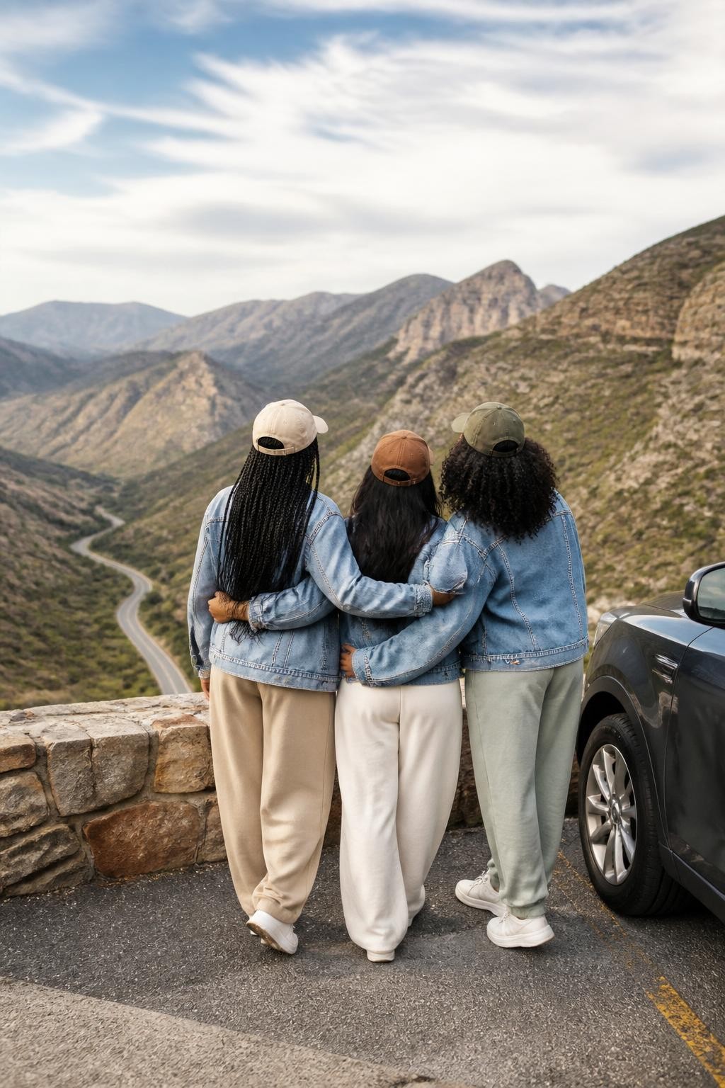 Image prompt: A wide-angle DSLR travel photo of three adult women friends standing at a scenic roadside viewpoint with their backs to the camera, including two Black women with dark and rich brown skin tones and one woman with medium skin tone, wearing relaxed road-trip outfits, denim jackets, soft trousers, sneakers, and caps, standing close with arms around each other’s shoulders while looking out at mountains and a winding road below, parked car partly visible at the side, wind moving their jackets, soft clouds, realistic landscape depth, faceless friendship trip photography, peaceful modern travel mood.