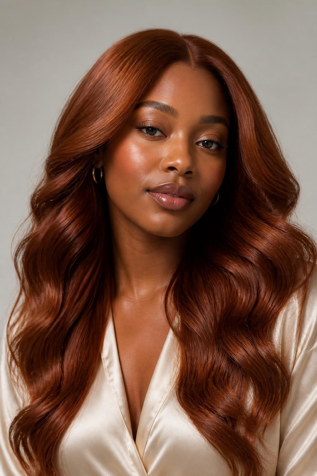 Image Prompt: A beautiful BLACK woman with long classic copper auburn hair, rich auburn base with glowing copper undertones, center part, soft loose waves, glossy healthy shine, warm medium skin tone, soft natural makeup, glossy nude lips, small gold hoop earrings, cream satin blouse, clean neutral studio background, soft diffused lighting, realistic DSLR beauty editorial portrait, detailed copper auburn shine and smooth wave texture, no text, (no watermarks on images)