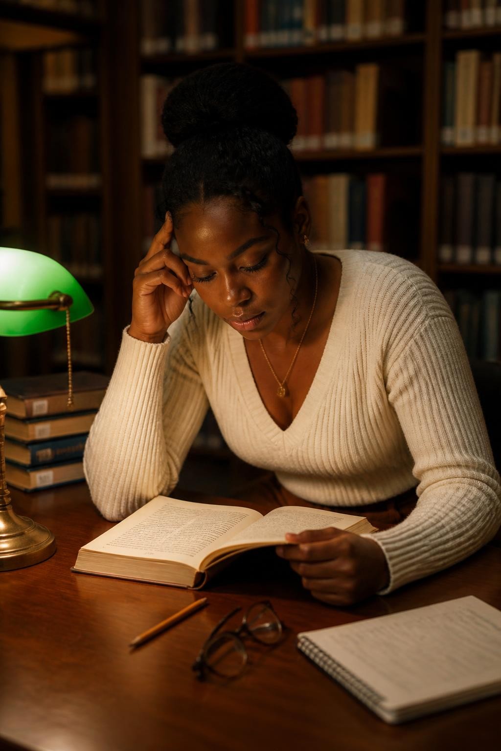 Image prompt: A warm DSLR library portrait of an adult Black woman with rich dark skin leaning over a wooden table under a green banker’s lamp, wearing a cream ribbed sweater, gold necklace, and brown trousers, one hand holding the edge of an open book while the other hand gently touches her temple, eyes looking down at the page, soft lamp glow on her face and hands, stacks of books in the background, pencil, reading glasses, and notebook on the table, realistic shadows, natural skin texture, quiet late-study mood, cute library photography with a cozy human feel.