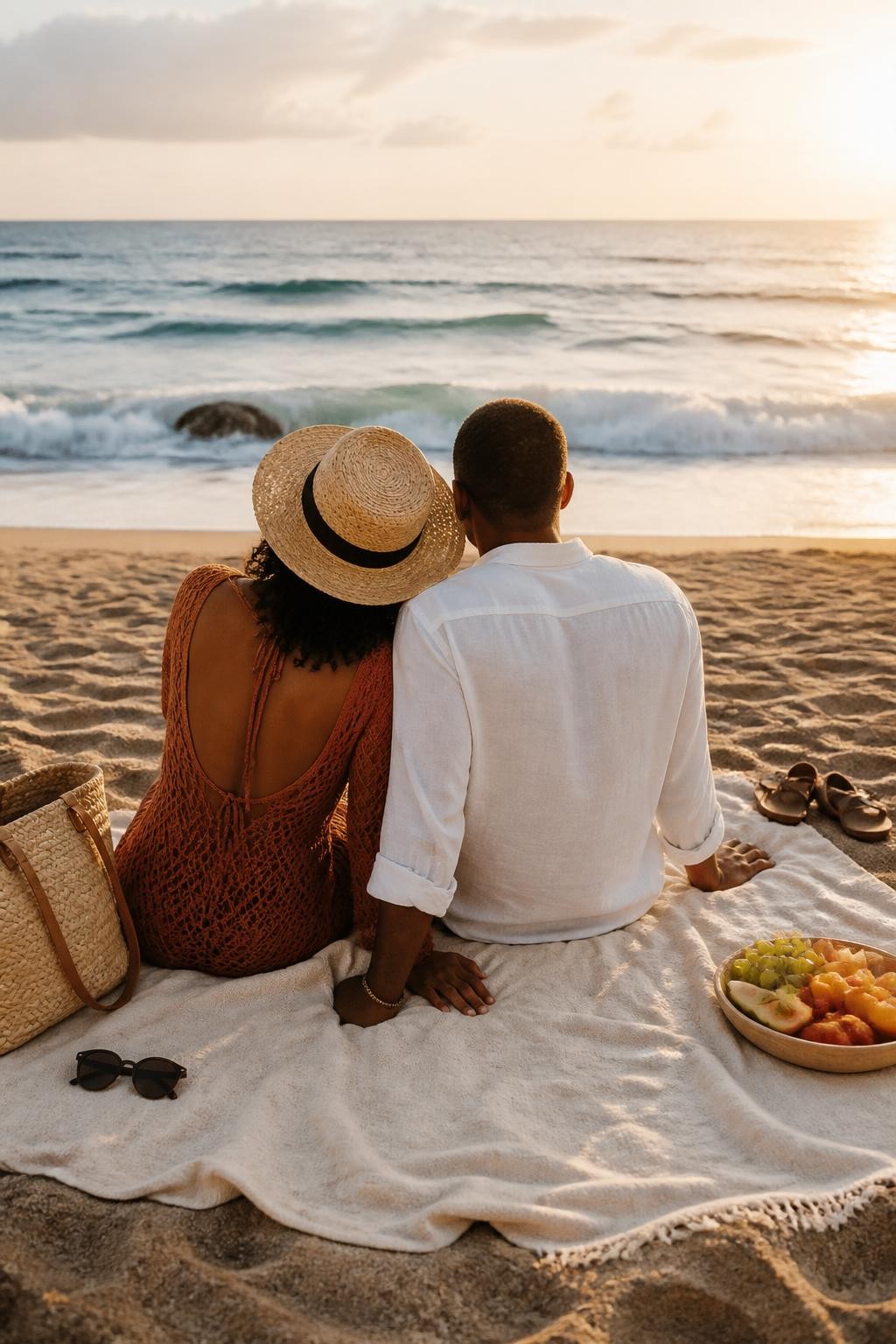 Image prompt: A romantic no-face beach photo of an adult couple sitting on a large cream blanket facing the ocean, photographed from behind so neither face is visible, featuring a Black woman with warm brown skin wearing a rust-colored crochet cover-up and natural curls gathered under a wide straw hat, leaning her shoulder into her partner in a white linen shirt, both barefoot with their feet partly buried in sand, their hands resting close together on the blanket, woven bag, sunglasses, fruit bowl, and sandals nearby, soft waves ahead, golden-hour light, realistic sand texture, relaxed modern beach couple photography.