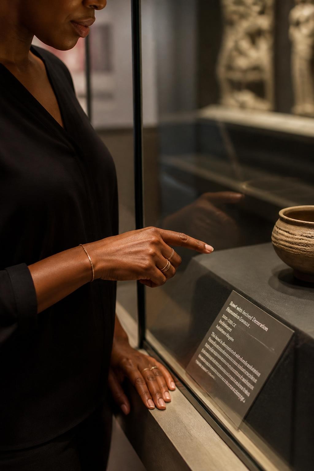 Image prompt: A detailed DSLR museum close-up of an adult Black woman with warm brown skin standing beside a glass display case, framed from shoulder to waist with no full face focus, wearing a soft black blouse, delicate rings, and a thin bracelet, one hand resting lightly near the edge of the glass while the other points gently toward a small artifact inside, her face softly cropped and blurred above the frame, reflection of her hand visible in the glass, museum label beside the object, warm case lighting, realistic fingerprints on glass, natural hand texture, quiet museum detail photography.