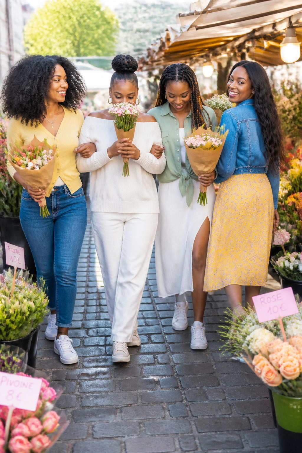 Image prompt: A bright DSLR friendship photo of four adult Black women walking through an outdoor flower market, wearing soft spring outfits in yellow, white, green, and denim, arms linked in pairs while holding small bouquets, one friend smelling flowers, one laughing toward the group, one looking down at the bouquets, one turning back toward the camera, flower buckets filled with roses, tulips, and greenery, handwritten price tags, cobblestone walkway, morning sunlight, realistic petals and leaves, natural skin texture, stylish joyful friendship photography.