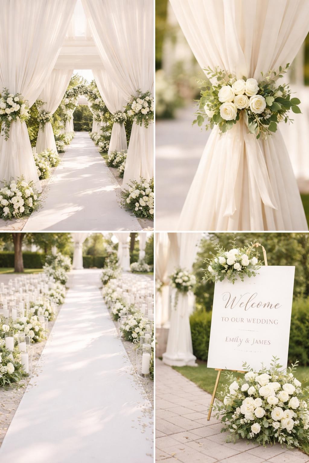 A professional 4-grid wedding decor collage showing a white draped wedding entrance walkway, top-left image featuring tall white fabric drapes framing a walkway into a wedding ceremony, top-right image showing close-up sheer ivory fabric tied with white flowers and greenery, bottom-left image showing a clean white aisle runner with candles and petals along both sides, bottom-right image showing a white welcome sign beside matching floral decor, refined outdoor wedding setup, airy soft light, no people, no faces, no watermarks on images.