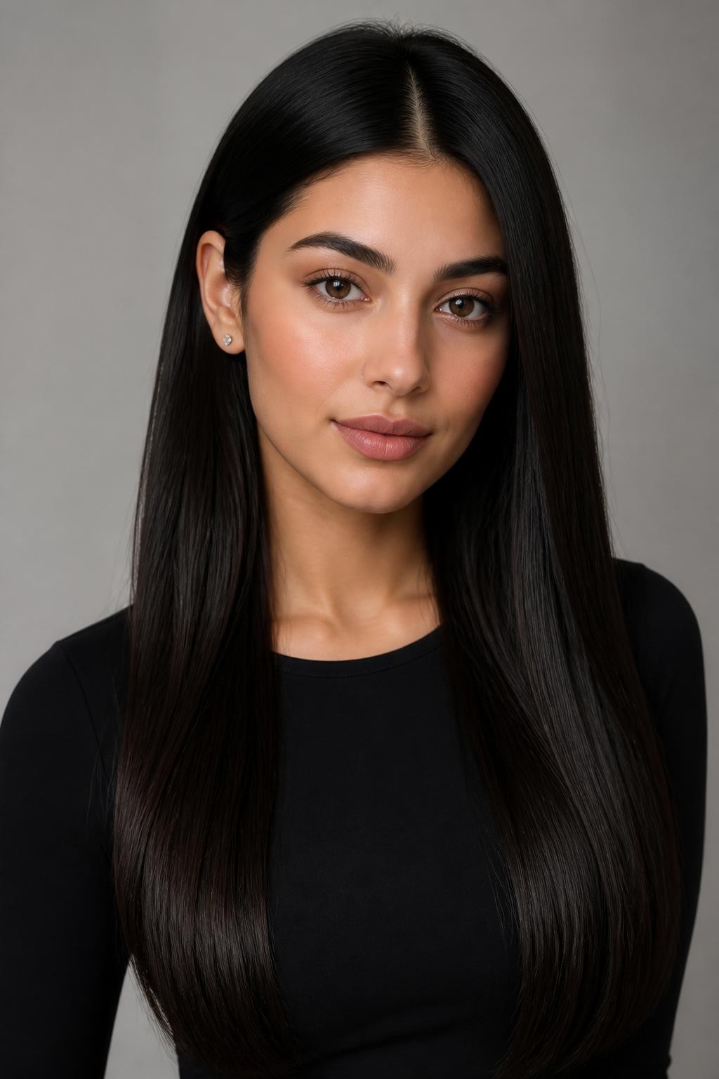 Image Prompt: A beautiful woman with brown eyes and long soft black hair, natural black shade with subtle brown undertones, sleek straight texture, center part, smooth glossy finish, soft matte makeup, nude lips, small silver earrings, fitted black top, clean modern studio background, soft balanced lighting, realistic DSLR beauty portrait, detailed smooth dark hair shine, no text, (no watermarks on images)