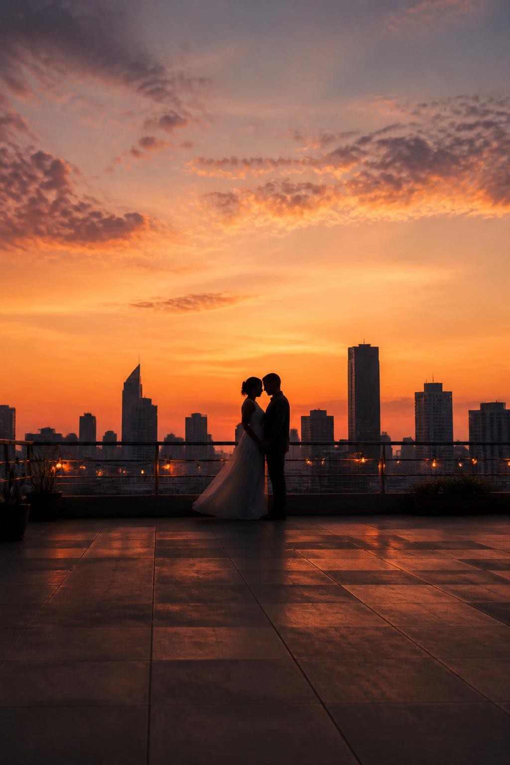 Image prompt: A wide-angle DSLR photo of an adult couple standing far away on a rooftop terrace at sunset, no facial details visible because of distance and silhouette, featuring a Black woman with deep brown skin wearing a flowing white maxi dress and her partner in a dark linen shirt and trousers, both standing near the railing with their foreheads close but faces too far and shadowed to identify, city skyline behind them, orange and pink sky, wind moving her dress, small string lights on the terrace, realistic sunset glow, modern romantic faceless couple photography, cinematic wide composition.