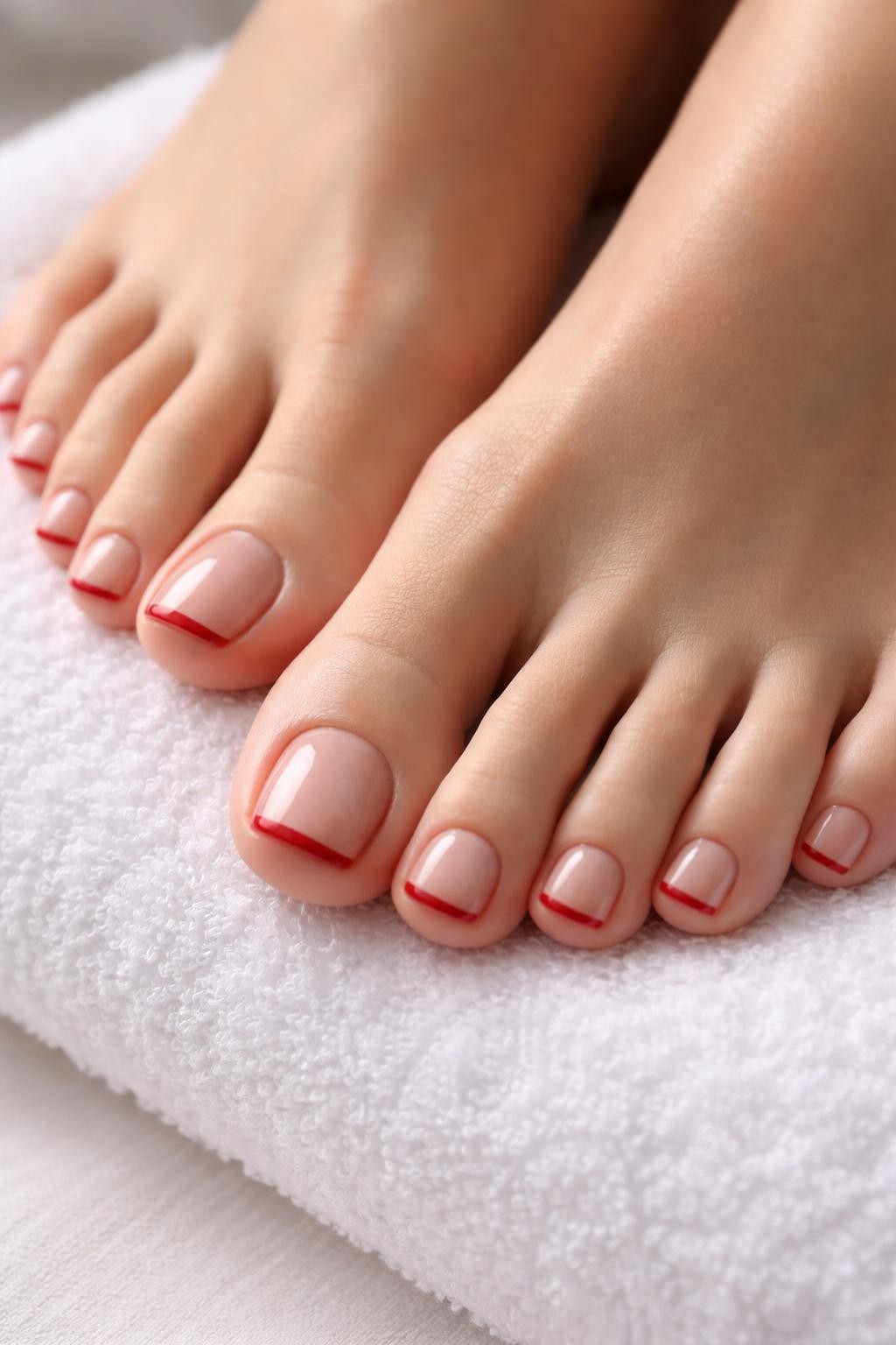 Close-up DSLR photo of a chic red pedicure on fair skin, short neat toenails with a sheer blush nude base and ultra-thin cherry red French tips, glossy finish, feet resting on a clean white spa towel, soft window light, realistic skin texture, neat cuticles, no face visible, minimal editorial beauty photo.