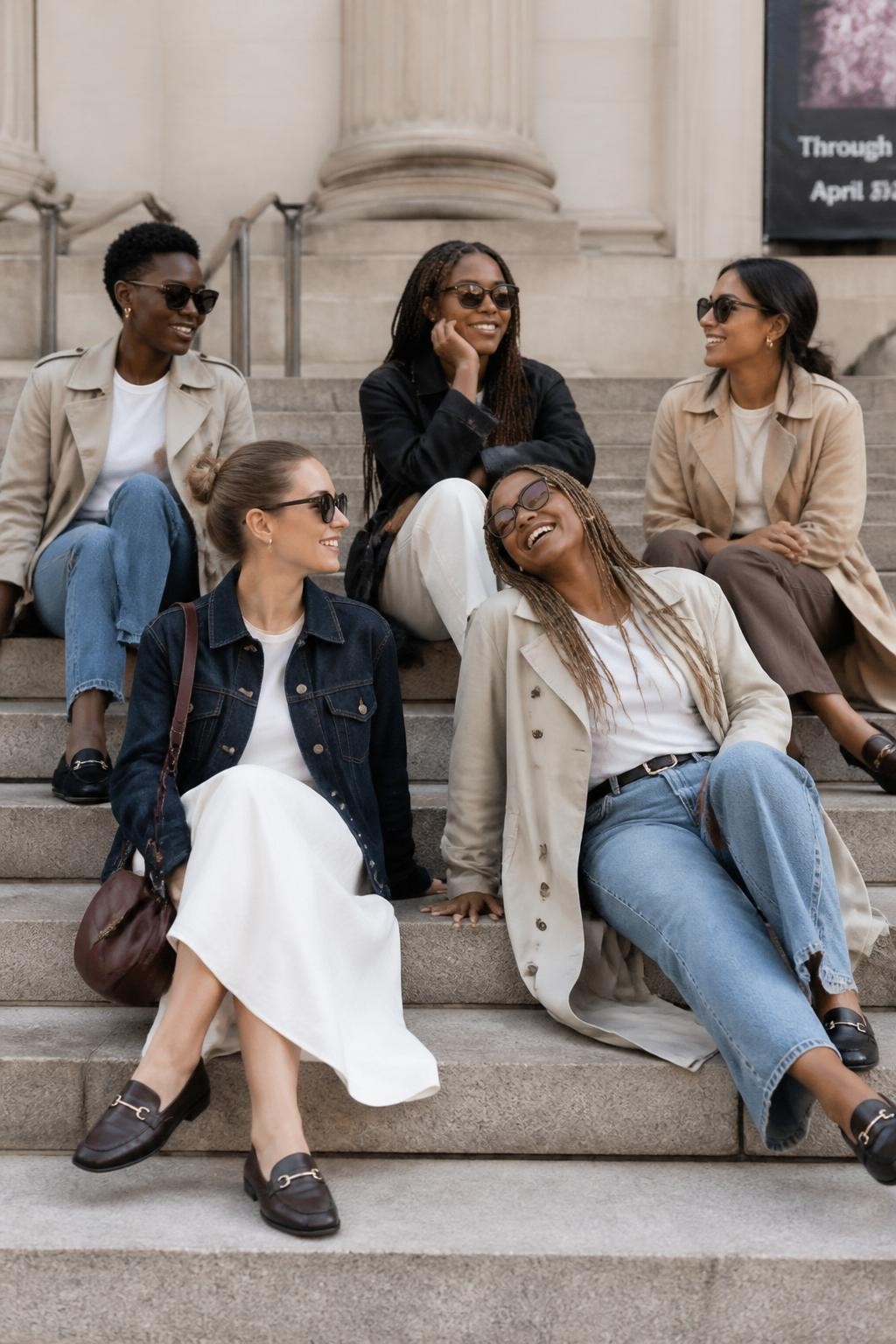 Image prompt: A polished DSLR photo of five adult women friends sitting on wide stone steps outside a museum or modern building, including three Black women with dark and golden brown skin tones, one woman with fair skin, and one woman with medium skin tone, dressed in stylish city outfits with trench coats, denim, midi skirts, loafers, and sunglasses, seated at different step levels, one leaning back on her hands, one crossing her ankles, one resting her chin on her hand, one looking toward a friend, one laughing, clean architecture behind them, soft daylight, realistic clothing texture, editorial friendship group photo.
