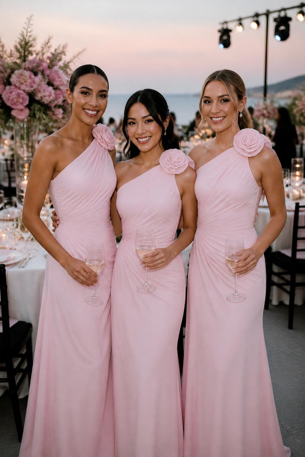 Realistic DSLR photo of bridesmaids wearing light pink one-shoulder dresses with large soft fabric rosettes on the shoulder, diverse tones, bright happy faces, sleek pulled-back hair and soft side waves, flowing floor-length skirts, standing at an outdoor reception space with pink floral arrangements, white linen tables, glassware, candles, and a sunset sky, high-end wedding guest fashion style, natural DSLR lighting.