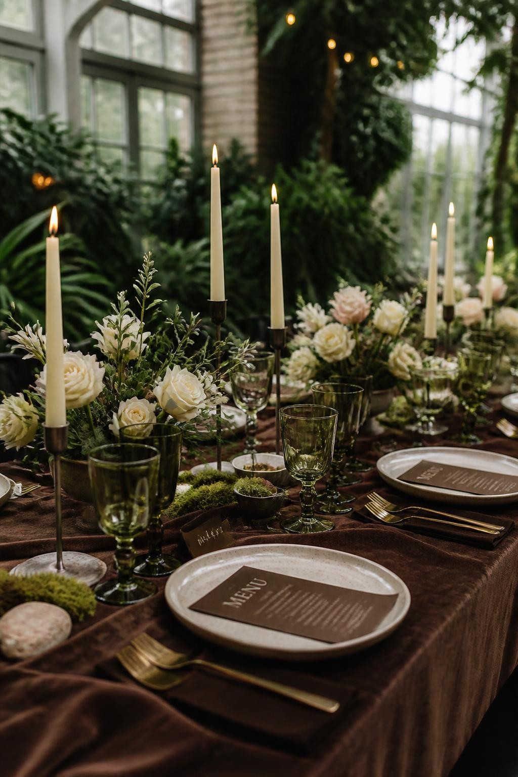 Realistic DSLR photo of a modern fall wedding tablescape in an airy greenhouse, chocolate brown velvet table runner, pear green glassware, soft cream roses, espresso brown menus, cream taper candles, moss details, ceramic plates, natural light filtering through glass walls, editorial wedding style.