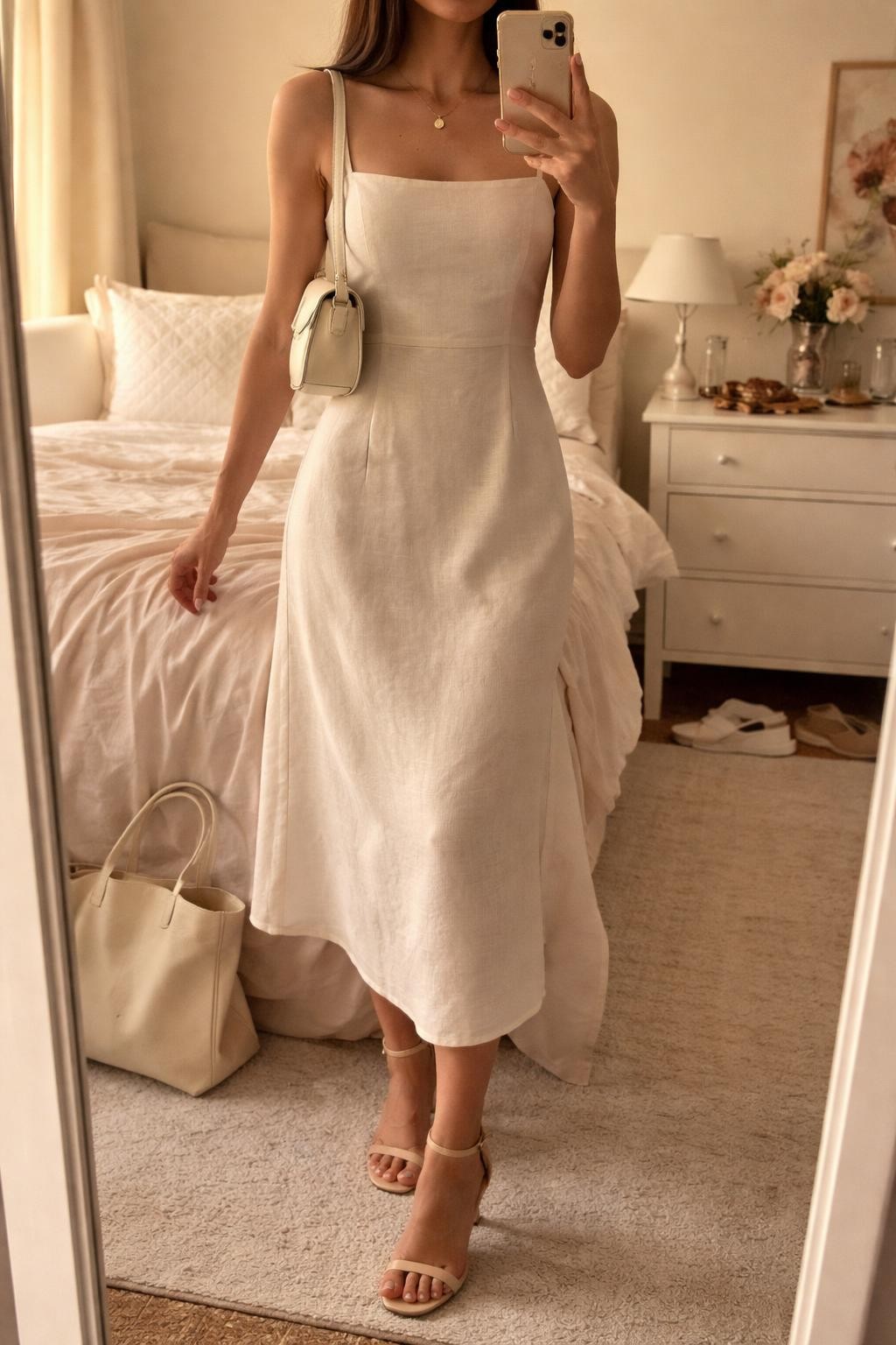 mirror selfie of a woman wearing a Linen Midi Dress & Strappy Heeled Sandals, a cream mini shoulder bag, a thin gold pendant necklace, and soft glossy makeup, holding a phone in front of a mirror, cropped at NECK so face doesn't show, with a natural casual selfie pose, in a feminine-themed bedroom, warm moody lighting, including small lived-in details like a tote bag on the floor, sunglasses on a dresser, or soft bedding in the background, latest iPhone photo quality.