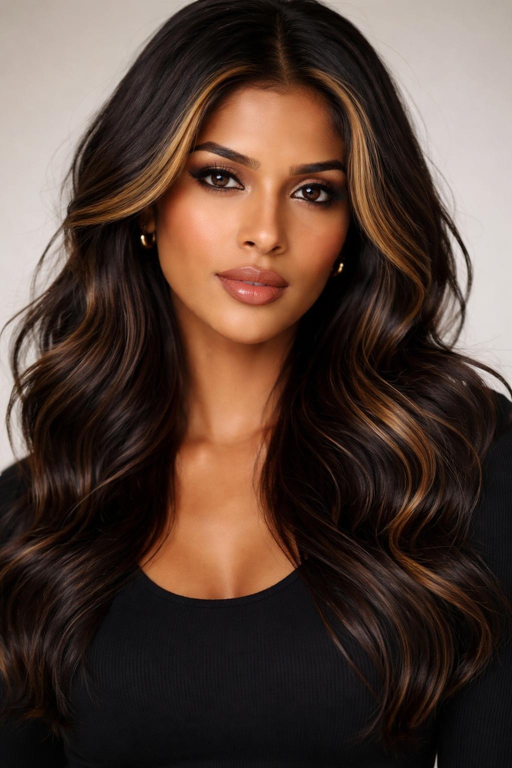 Image Prompt: A stylish Indian woman with dark brown wavy hair and golden brown money piece highlights, warm golden front sections framing the face, rich dark base, soft waves with shine, medium-deep skin tone, bronzed makeup, glossy lips, small gold earrings, fitted black top, clean neutral studio background, close-up beauty portrait, realistic DSLR photo, clear face-framing color detail, no text, (no watermarks on images)