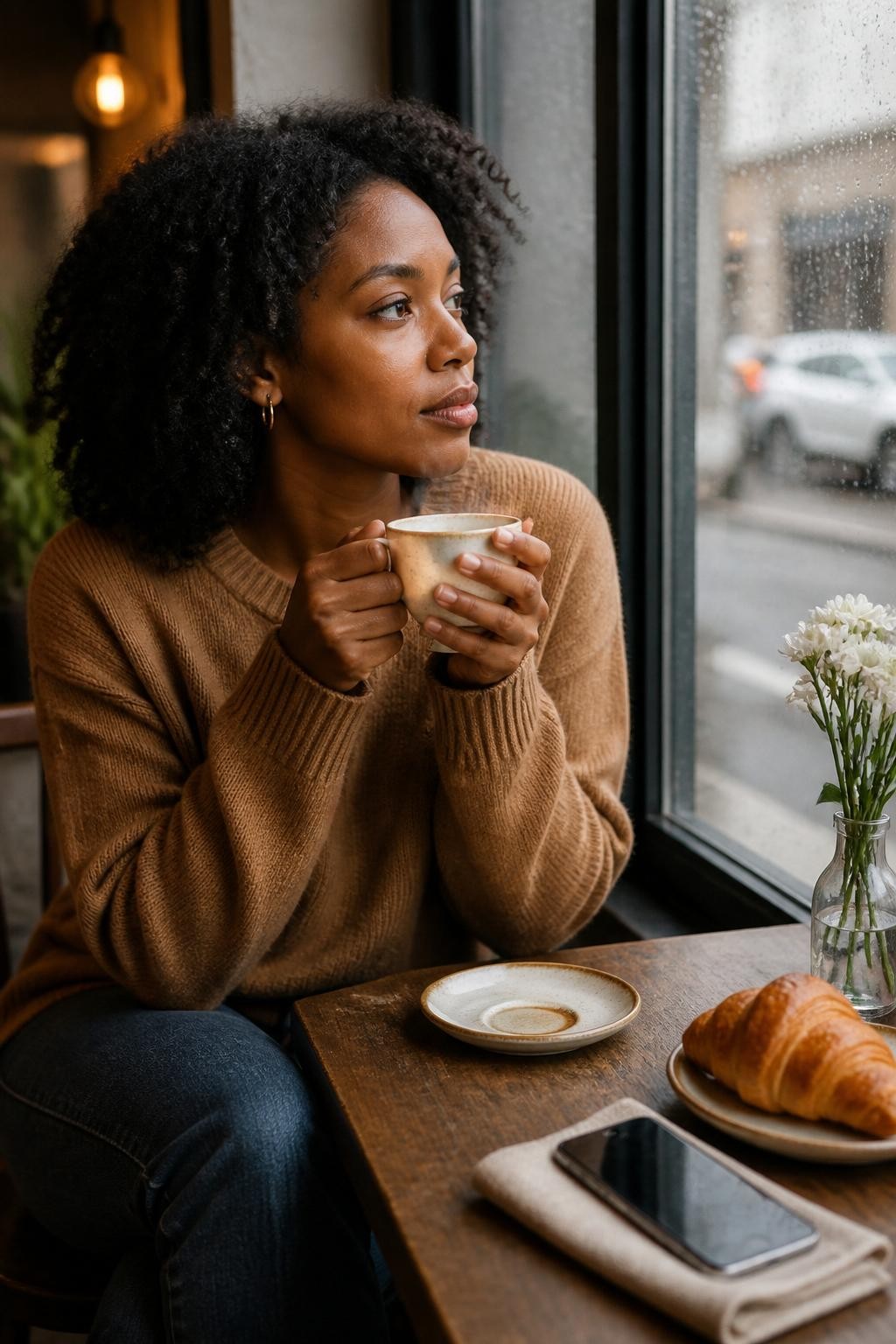 A realistic DSLR cafe photo of an adult Black woman with deep brown skin sitting beside a large rain-speckled cafe window, wearing a soft camel knit sweater, straight-leg dark jeans, and small gold hoops, holding a warm ceramic coffee cup close to her face with both hands, steam rising softly, her eyes looking out the window instead of at the camera, natural curls framing her face, wooden table with a croissant, folded napkin, phone, and tiny vase of white flowers, soft gray daylight, blurred street outside, realistic skin texture, coffee ring on the saucer, cozy modern cafe mood, natural lifestyle photography.