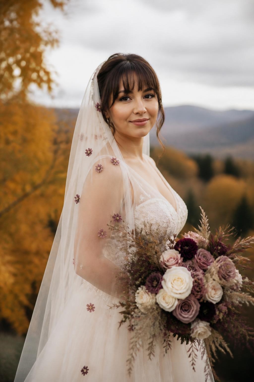 Realistic DSLR portrait of a fall bride wearing a soft ivory wedding dress with a sheer veil embroidered with tiny dusty pink flowers, visible calm smiling face, holding a plum and mauve bouquet with cream roses and dried grasses, golden fall trees in the background, soft cloudy light.