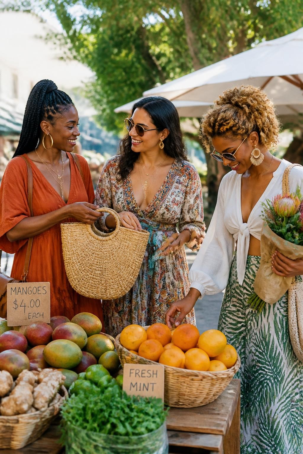 Image prompt: A colorful DSLR travel photo of three adult women friends at an outdoor market, including two Black women with rich dark and golden brown skin tones and one woman with medium skin tone, wearing breezy vacation outfits, one handing a woven market bag to another, one holding a bouquet of fresh flowers, one looking down at fruit on a wooden stall, baskets of oranges, mangoes, herbs, handmade signs, sunlit walkway, soft shadows, realistic produce texture, natural skin detail, candid outing photo with lively trip styling.