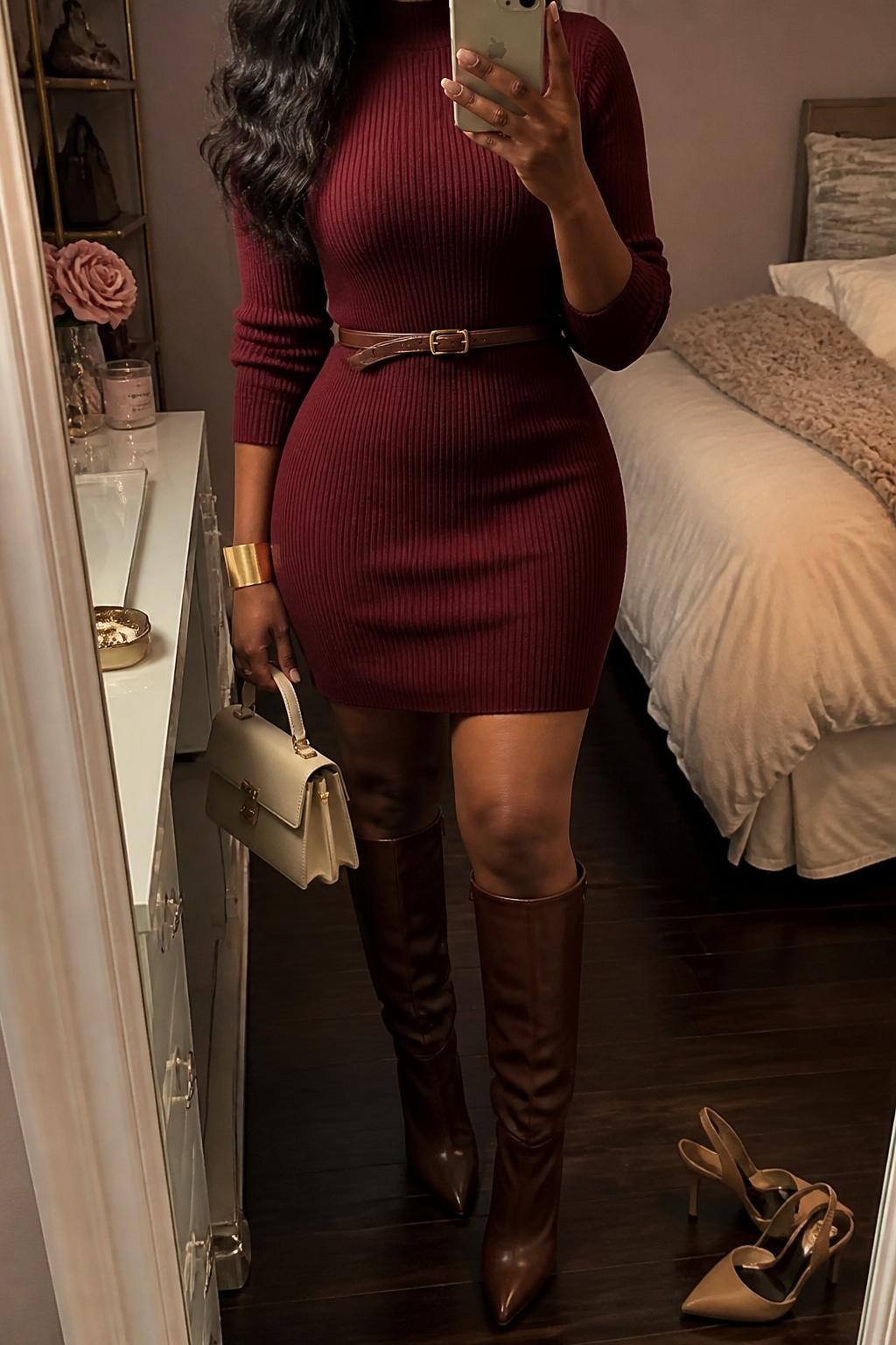 mirror selfie of a Black woman wearing the exact outfit described above, clearly showing a burgundy ribbed sweater dress, chocolate brown knee-high boots, slim brown waist belt, cream top-handle bag, and gold cuff bracelet, holding a phone in front of a mirror, cropped at NECK so the face does not show, with a relaxed casual selfie pose, in a feminine-themed bedroom, warm moody lighting, including a pair of heels on the floor nearby and a jewelry tray on the vanity, latest iPhone photo quality.