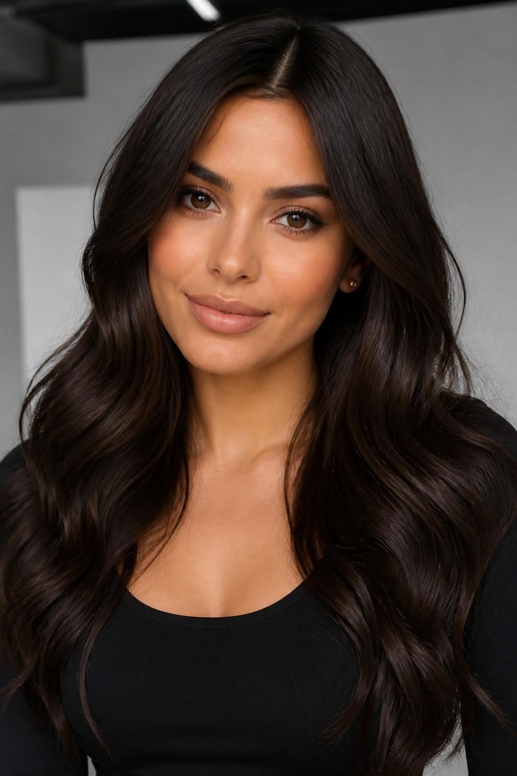 Image Prompt: A beautiful woman with brown eyes and long espresso brown hair, deep coffee-brown shade close to black with soft brunette shine, center part, sleek loose waves, warm olive skin tone, soft matte makeup, nude lips, small gold studs, fitted black top, clean modern studio background, soft balanced lighting, realistic DSLR beauty portrait, detailed dark brunette shine and smooth texture, no text, (no watermarks on images)