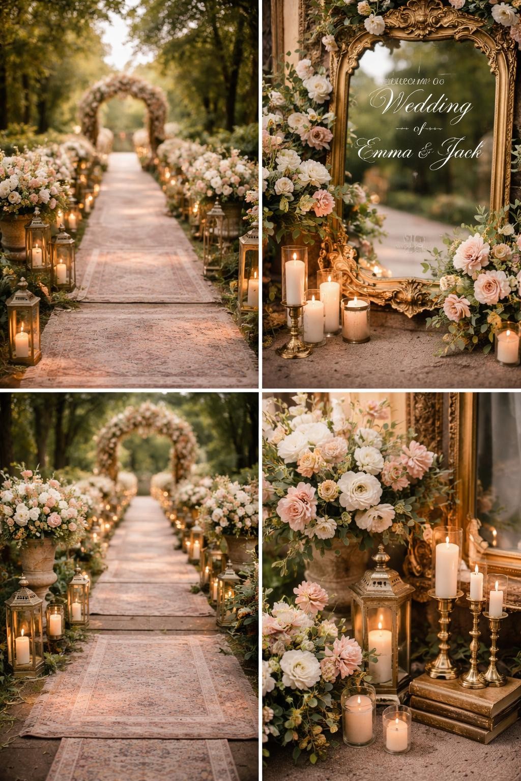A professional 4-grid wedding decor collage showing a vintage mirror wedding entrance walkway, top-left image featuring an ornate gold mirror welcome sign at the beginning of a flower-lined walkway, top-right image showing close-up mirror frame with roses and candles around the base, bottom-left image showing a walkway with vintage rugs, lanterns, and floral urns, bottom-right image showing antique decor details like brass candle holders and soft flowers beside the entrance, romantic vintage wedding setting, no faces, no watermarks on images.