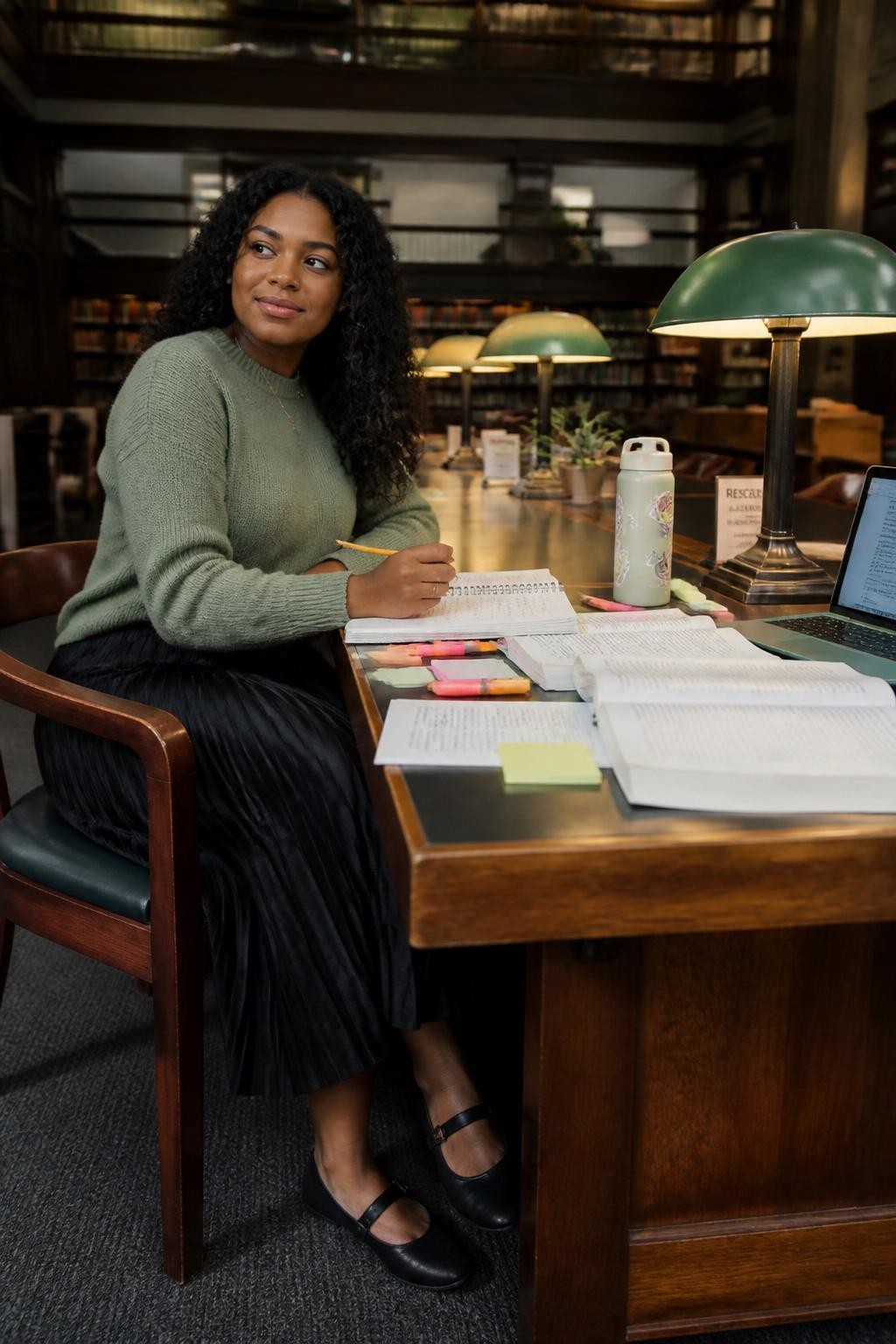 Image prompt: A cute DSLR library study photo of an adult Black woman with warm brown skin sitting at a long wooden study table, wearing a sage green sweater, black pleated skirt, and flat Mary Jane shoes, holding a pencil near her notebook while looking slightly to the side with a thoughtful smile, open textbooks, sticky notes, highlighters, a water bottle, and a small laptop arranged neatly around her, green banker’s lamp glowing on the table, tall shelves blurred behind her, realistic paper marks, natural skin detail, soft quiet study mood, human library lifestyle photo.