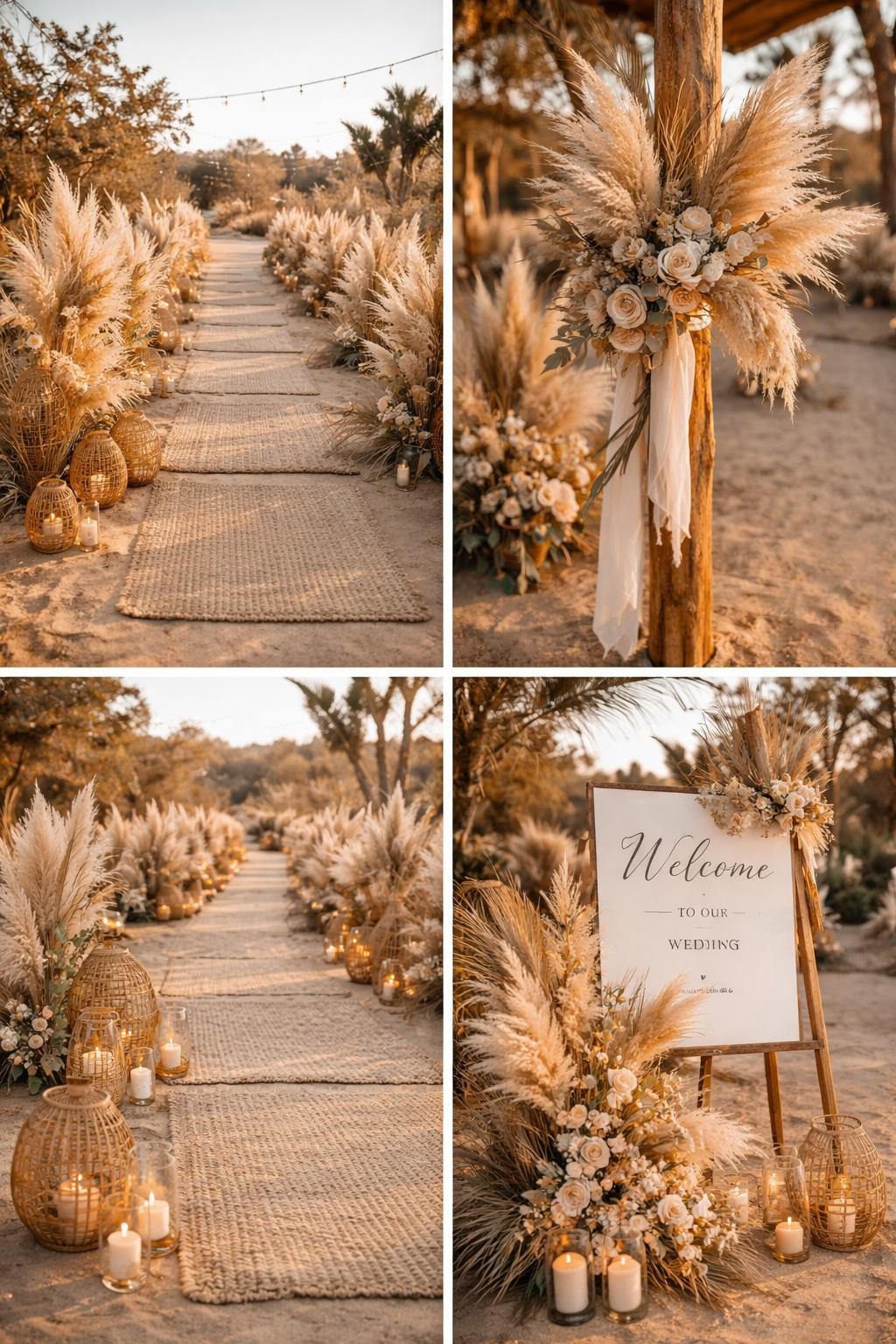 A professional 4-grid wedding decor collage showing a boho pampas grass wedding entrance walkway, top-left image featuring a walkway lined with tall pampas grass, dried palms, beige flowers, and neutral rugs, top-right image showing close-up pampas arrangements tied to wooden posts, bottom-left image showing a woven rug path with rattan lanterns, bottom-right image showing a boho welcome sign surrounded by dried florals and candles, outdoor desert-inspired wedding setting, warm natural light, no faces, no watermarks on images.