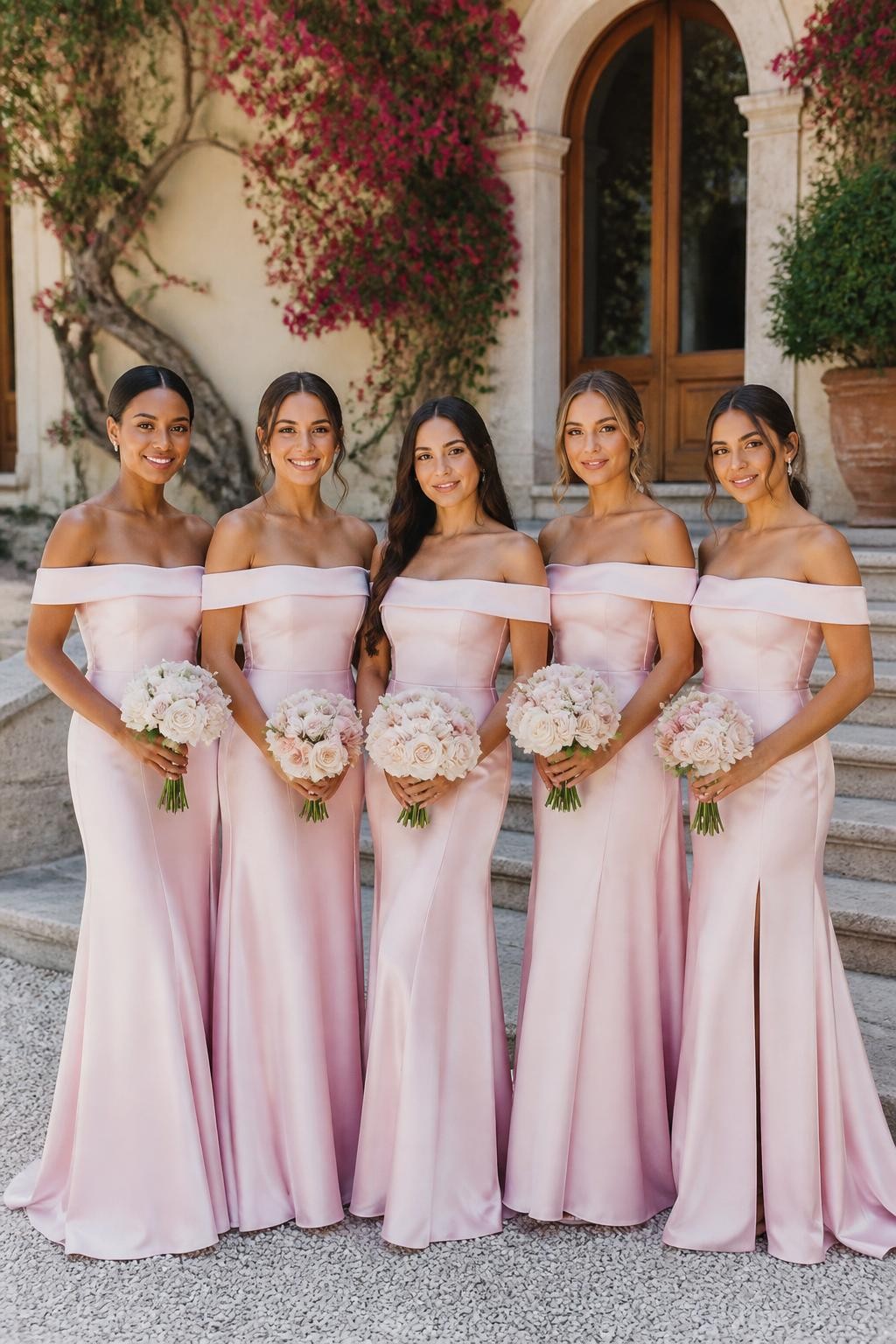 Realistic DSLR photo of bridesmaids wearing light pink off-shoulder satin bridesmaid dresses, folded neckline, fitted bodice, soft mermaid and A-line skirt mix, diverse skin tones, bright beautiful faces, soft glam makeup, standing in front of a European-style wedding villa with cream walls, arched doors, pink bougainvillea, stone steps, and warm sunlight, luxury destination wedding style, DSLR photo-realistic finish.