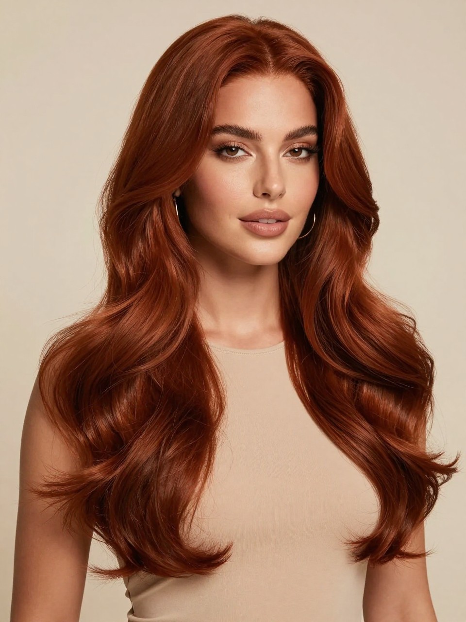 Image Prompt: A beautiful woman wearing a long soft auburn wig, layered loose waves, warm red-brown hair color with gentle copper shine, natural-looking hairline, deep brown skin, smooth soft glam makeup, gold earrings, fitted beige top, luxury beauty studio setting, soft warm lighting, realistic editorial portrait, detailed wave texture and soft auburn tone, no text, (no watermarks on images)