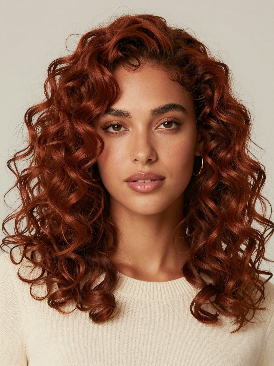 Image Prompt: A beautiful woman with shoulder-length natural curls dyed soft reddish brown, warm brown base with gentle red undertones, defined spiral curls with healthy shine and soft volume, medium-deep brown skin, natural glam makeup, glossy nude lips, small gold hoop earrings, cream knit top, clean neutral studio background, soft diffused lighting, close-up beauty editorial portrait, realistic DSLR photo, crisp curl texture, detailed warm red-brown color, no text, (no watermarks on images)
