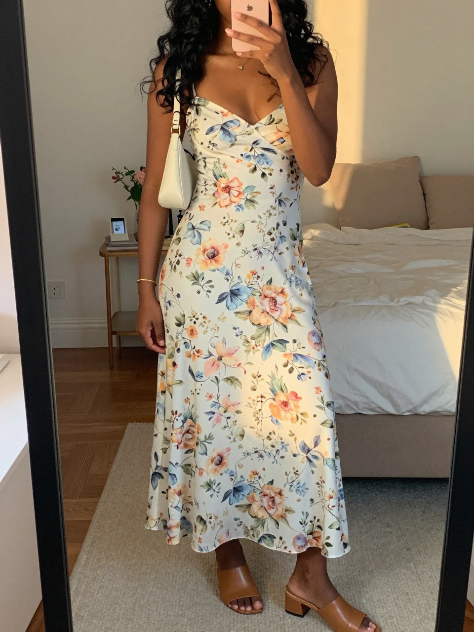 mirror selfie of a black woman wearing a white base floral maxi dress with pastel blooms and tan leather heeled mules, a cream mini shoulder bag, a thin gold bracelet, and soft brushed-out loose waves, holding a phone in front of a mirror, cropped at NECK so face doesn't show, with a natural casual selfie pose, in a feminine-themed bedroom, evening golden hour, including small lived-in details like , latest iPhone photo quality.