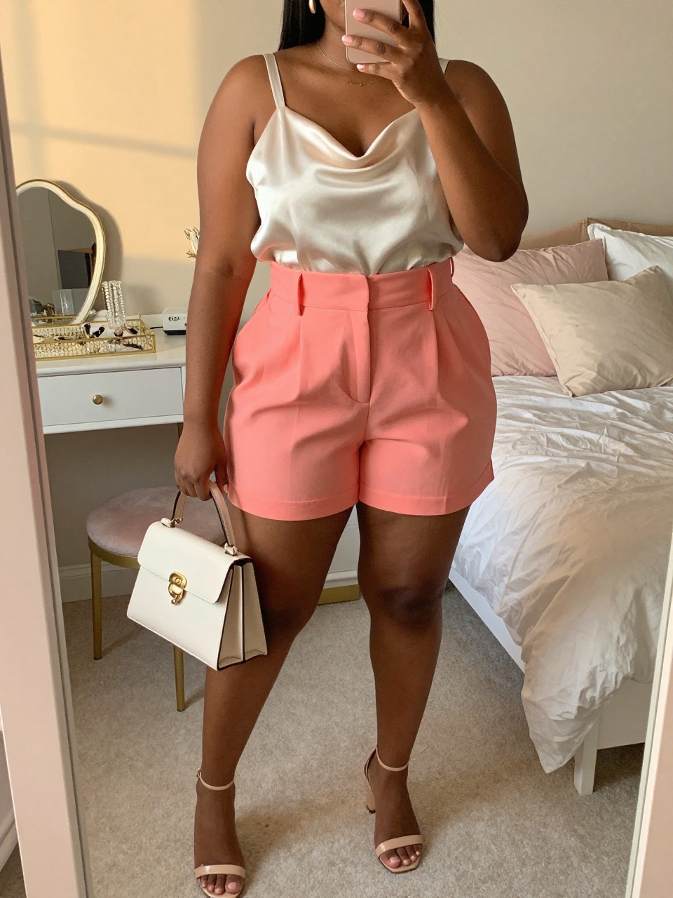 Mirror selfie of a black plus size woman wearing coral pink high-waisted tailored shorts with a relaxed leg opening, a cream satin camisole with a softly draped neckline and wide supportive straps, nude block-heel sandals, a cream structured mini handbag, and small gold drop earrings, clearly showing the exact clothing items, coral fabric, cream satin, colors, footwear, and accessories listed, holding a phone in front of a mirror, cropped at the neck so the face is hidden, relaxed feminine selfie pose, in a feminine-themed bedroom with evening golden-hour lighting, a jewelry tray on the vanity and soft pillows on an unmade bed, realistic summer dinner outfit, latest iPhone photo quality.