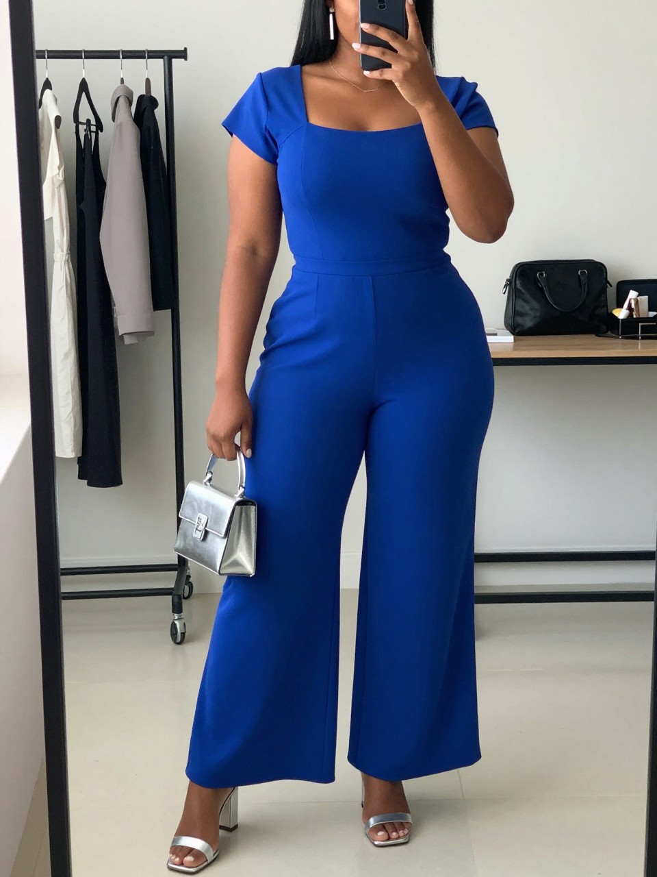 Mirror selfie of a black plus size woman wearing a cobalt blue wide-leg crepe jumpsuit with short sleeves, a square neckline, and a softly fitted waist, metallic silver block-heel sandals, a small silver box handbag, and silver rectangular earrings, clearly showing the exact jumpsuit, cobalt color, wide-leg shape, silver footwear, and accessories listed, holding a phone in front of a mirror, cropped at the neck so her face does not show, relaxed confident selfie stance, in a minimal dressing room with natural window light, a clothing rack with garments behind her and a cosmetic bag on the counter, realistic rooftop-date styling, latest iPhone photo quality.