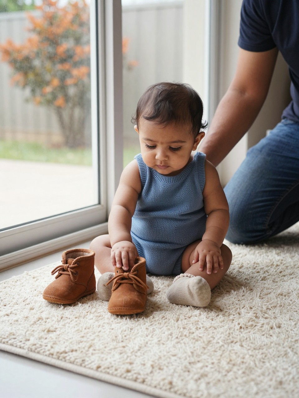 Image Prompt: A South Asian baby around nine months old sitting on a cream rug beside a large glass patio door, wearing a dusty-blue knit romper and thick oatmeal socks, a tiny pair of brown baby boots placed neatly in front while the baby reaches forward to touch one lace, muted orange trees visible outside, one parent kneeling just beyond the frame for balance support, gentle morning daylight, photographed at floor level with a DSLR 70mm lens, realistic baby posture, natural skin texture, clear boot details, slightly rumpled rug, simple home interior, no standing pose, no shoes placed on the baby’s hands, no decorative sign.