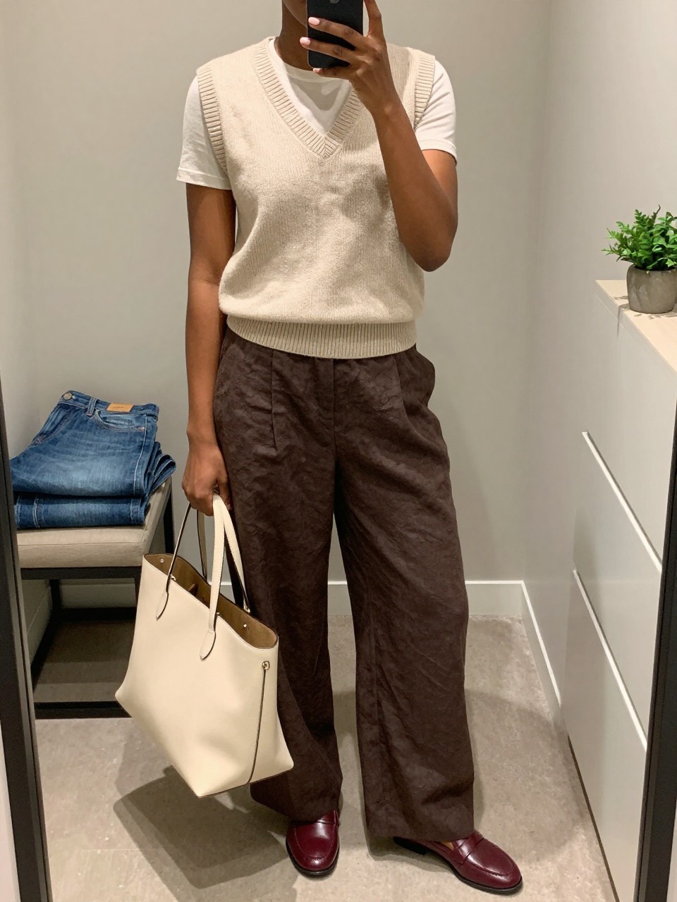 Mirror selfie of a Black woman wearing an oatmeal V-neck sweater vest over a fitted ivory short-sleeve T-shirt, chocolate-brown linen-blend wide-leg pants, burgundy leather loafers, and a structured cream tote bag, clearly showing the exact clothing items, colors, fabrics, and accessories listed, holding a phone in front of a walk-in closet mirror, cropped at the neck so the face does not show, relaxed casual selfie pose, soft indoor lighting, folded denim jeans on a bench and a small plant on a dresser, natural and polished, latest iPhone photo quality.