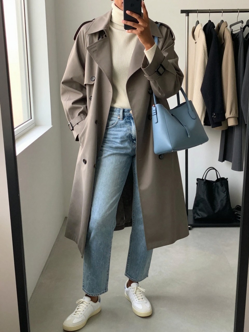 Mirror selfie of a Black woman wearing a knee-length taupe water-resistant trench coat, fitted cream ribbed turtleneck, light-wash straight-leg jeans, white leather sneakers, and a structured dusty-blue shoulder bag, clearly showing the exact clothing items, colors, fabrics, and accessories listed, holding a phone in front of a minimal dressing room mirror, cropped at the neck so the face does not show, relaxed casual selfie pose, natural window light, a clothing rack with garments behind and a tote bag resting on the floor, polished but natural, latest iPhone photo quality.