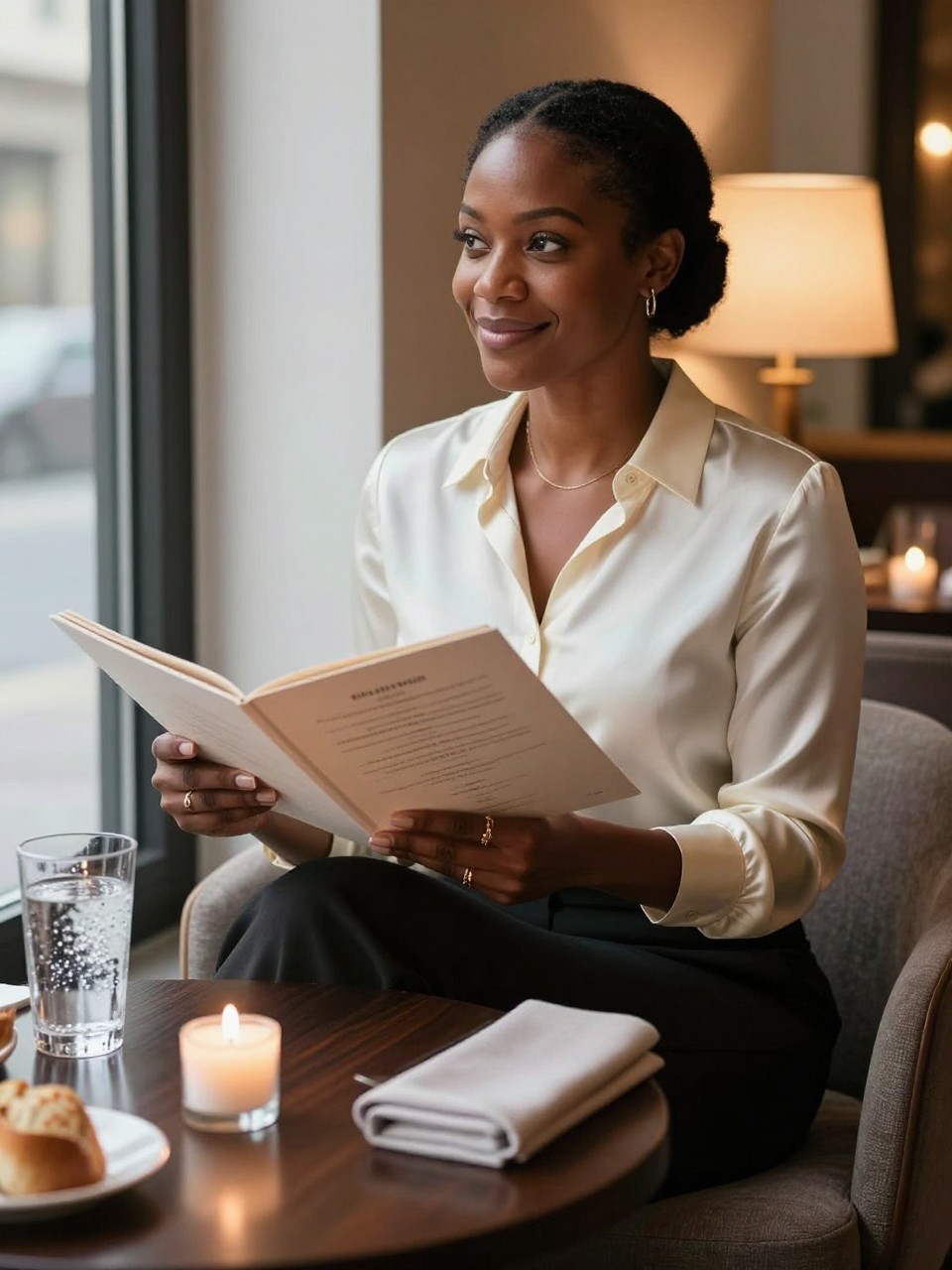 Image prompt: A soft restaurant portrait of an adult Black woman with rich dark skin sitting at a small candlelit table, wearing a cream satin blouse, tailored black trousers, and delicate gold rings, holding an open menu slightly below her face, eyes looking sideways toward the window with a gentle smile, candlelight warming her cheek, sparkling water glass, folded linen napkin, small bread plate, dark wood table, soft restaurant lamps behind her, realistic menu paper texture, natural makeup, DSLR dinner photography with a calm modern mood.