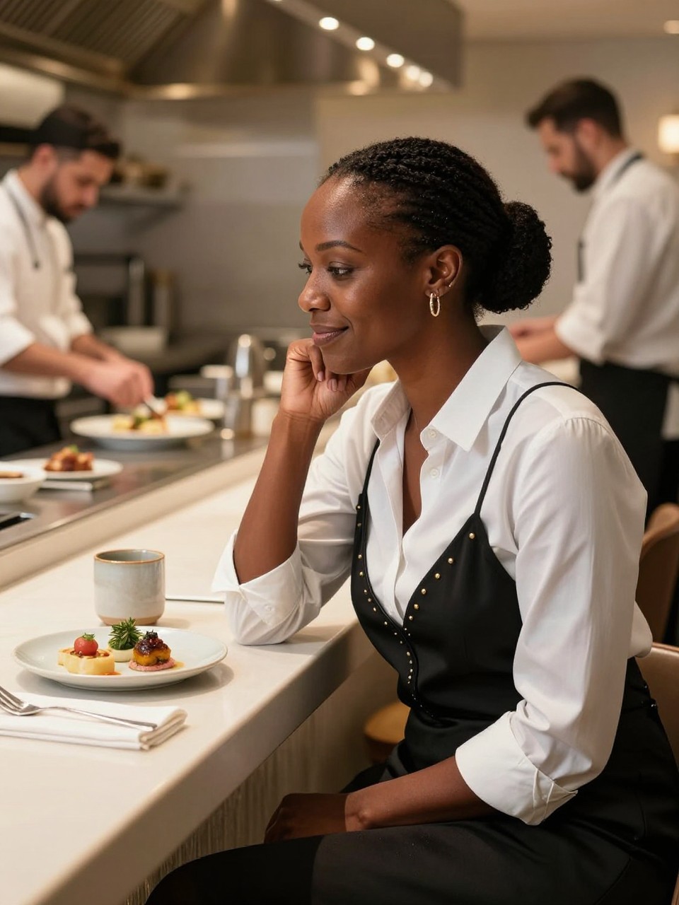Image prompt: A realistic DSLR restaurant photo of an adult Black woman with deep brown skin seated at a chef’s counter, wearing a white button-down shirt, black slip skirt, and small gold studs, leaning slightly forward with her chin near one hand as she watches the open kitchen, soft smile, chefs blurred in the background preparing plates, warm counter lights, small plate of appetizers, ceramic water cup, folded napkin, stainless steel kitchen details, natural skin texture, candid fine-dining counter mood, stylish human restaurant photography.