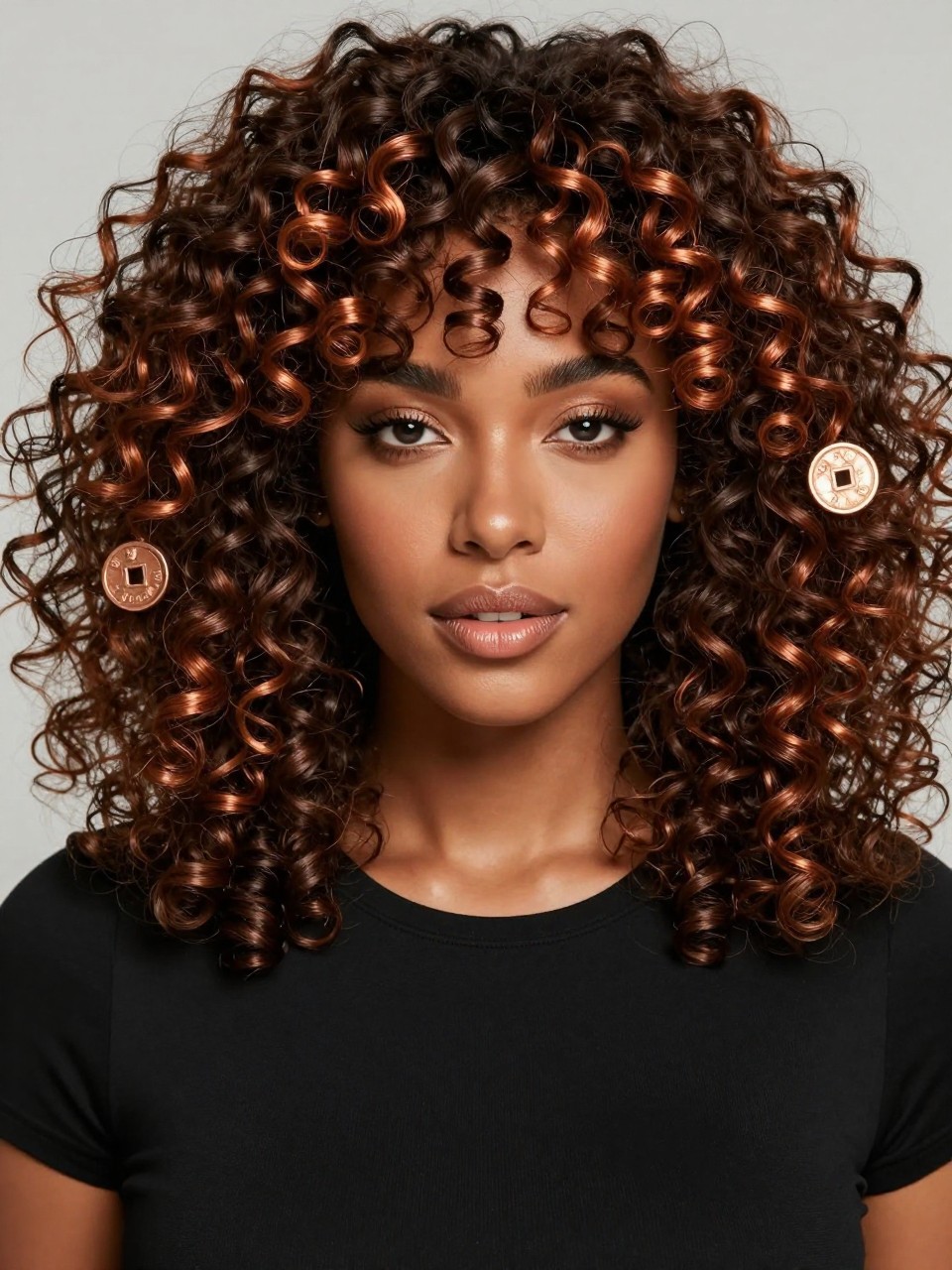 Image Prompt: A stylish Black woman with dark curly hair and copper money piece highlights framing her face, rich dark brown base, bold warm copper front sections, defined curls with shine, warm deep skin tone, glossy nude lips, bronzed makeup, fitted black top, clean neutral studio background, close-up beauty portrait, realistic DSLR photo, sharp curl detail, no text, (no watermarks on images)