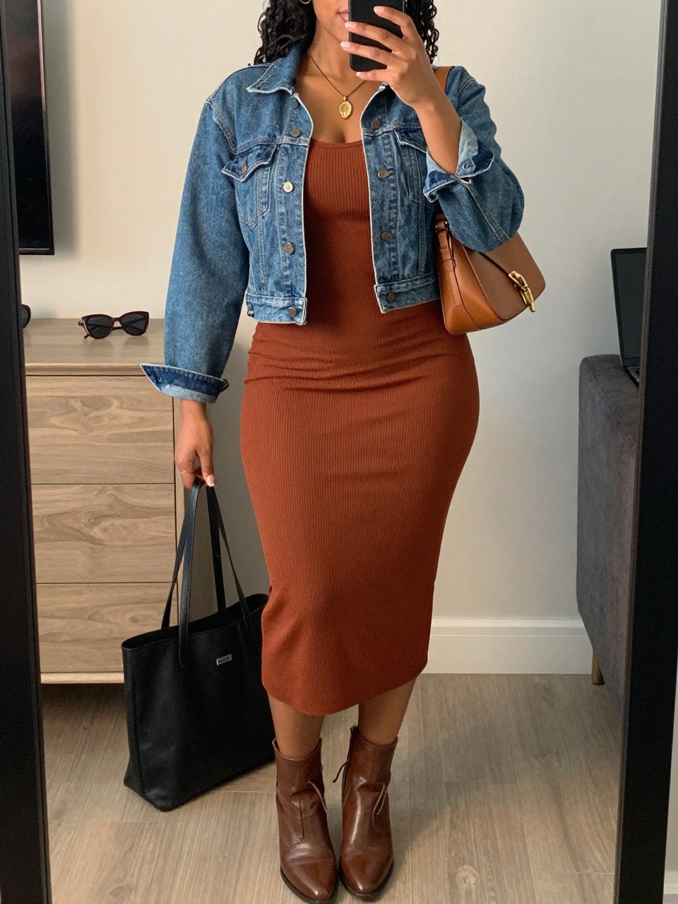 Mirror selfie of a curvy Black woman wearing a rust ribbed long-sleeve midi dress, cropped medium-wash denim jacket, brown ankle boots, gold pendant necklace, and a caramel shoulder bag, holding a phone in front of a mirror, cropped at NECK so the face does not show, relaxed casual selfie pose, in a stylish city apartment, soft indoor lighting, with sunglasses placed on a dresser and a tote bag resting on the floor, latest iPhone photo quality.